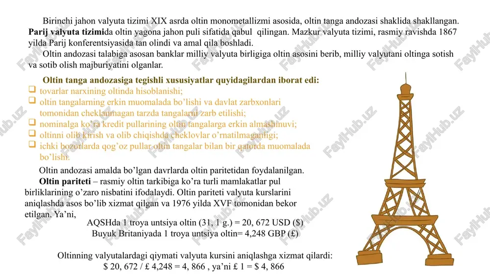 l tizimi oltin-deviz standartiga asoslandi. biroq, zahira valyuta mavqei rasmiy jihatdan hech bir valyutaga berilmadi, funt sterling va aqsh dollari ushbu sohada etakchilik uchun raqobatlashdi. oltin paritetlari saqlab qolindi. valyutalarning oltinga almashinuvi nafaqat bevosita yo’l bilan (aqsh, frantsiya, b.britaniya) balki bilvosita, xorijiy valyutalar orqali ham amalga oshirildi. erkin suzuvchi valyuta kurslari rejimi qayta tiklandi. valyutani tartibga solish faol valyuta siyosati shaklida xalqaro konferentsiyalarda amalga oshirildi. 1926-1936 yillardagi jahon valyuta inqirozining asosiy xususiyatlari quyidagilardan iborat edi: davriylik xususiyati: valyuta inqirozi jahon iqtisodiy va pul-kredit inqirozi bilan qo’shilib ketdi; tuzilmaviy xususiyati: jahon valyuta tizimi tamoyillari – oltin deviz andozasi halokatga uchradi; davomiyligi: 1929 yildan 1936 yilgacha. ta’sir darajasi: qator valyutalar kursi 50-84%gacha pasaydi. rivojlanish holati: inqiroz turli paytda turli ta’sir orqali barcha mamlakatlar iqtisodiyotini izdan chiqardi. uchinchi bosqich, jahon iqtisodiy inqirozining kuchayishi tufayli 1931 yilda buyuk britaniyada oltin andozasining bekor etilishi orqali yuzaga chiqdi. bu holatning bevosita sababi to’lov balansi holatining yomonlashuvi …