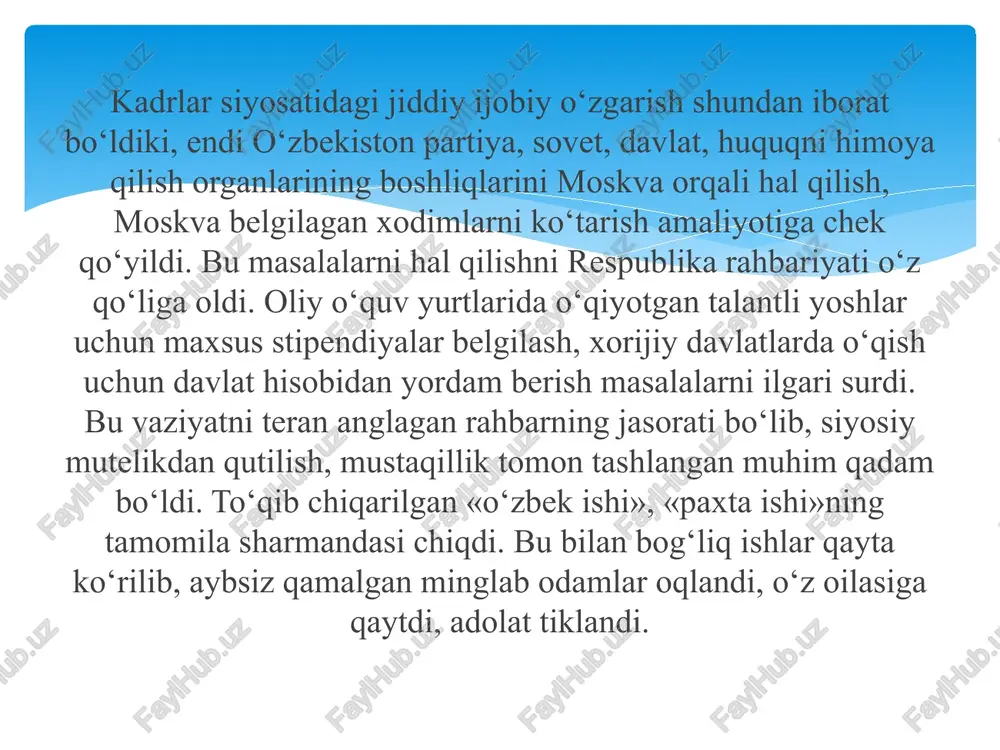 ari g.i. yanaev – sssr vitse-prezidenti, o.d. baklanov – sssr mudofaa kengashi raisining birinchi o‘rinbosari, v.a. kryuchkov – sssr davlat xavfsizligi qo‘mitasi raisi, v.s. pavlov – sssr bosh vaziri, b.k. pugo – sssr ichki ishlar vaziri, d.t. yazov – sssr mudofaa vaziri, v.a. starodubsev – sssr dehqonlar uyushmasi raisi, i. tizyakov – sssr sanoat, qurilish, transport va aloqa davlat korxonalari hamda inshootlari uyushmasining prezidenti kabi markaziy hokimiyatning rahbarlari edi. g.i. yanaev o‘zini m.s.gorbachovning salomatligi yomonligi sababli 19-avgustdan boshlab sssr prezidenti vazifasini ijro etuvchi deb e’lon qildi. shu tariqa, fitnachilar m.s. gorbachovni noqonuniy yo‘l bilan hokimiyatdan chetlashtirib, o‘zlari hokimiyatni egallab oldilar. 1991-yil 31-avgust kuni o‘zbekiston respublikasi oliy kengashining navbatdan tashqari tarixiy vi sessiyasi bo‘lib o‘tdi. sessiyada o‘zbekiston prezidenti i.karimov nutq so‘zlab, sobiq ittifoqda so‘nggi paytlarda yuz bergan ijtimoiy-siyosiy voqealarni, davlat to‘ntarishiga urinish oqibatlarini tahlil qilib, ular o‘zbekiston taqdiriga, xalqimiz tarixiga bevosita daxldor ekanligini har tomonlama asoslab berdi. vaziyatdan kelib chiqqan holda, …