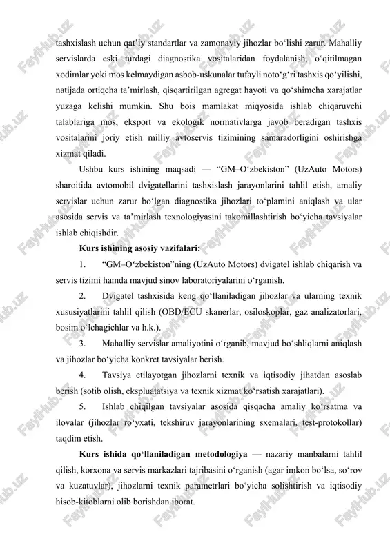 ilmiy-texnik asoslari dvigatel ishining samaradorligini baholash uchun fizik va elektr parametrlarning o‘lchovlari talab qilinadi. quyidagi parametrlar diagnostikaning asosiy qiymatlari hisoblanadi: silindr ichidagi siqilish bosimi va uning tengligi, yonilg‘i purkash vaqti hamda bosimi, ignitsiya fazalari, havo-yonilg‘i aralashmasining lamda-ko‘rsatkichi, egzoz gazlari tarkibi (co, hc, nox va boshqalar), sovutish tizimi harorati, dvigatel aylanish tezligi va moment xarakteristikasi. elektron boshqaruv elementlari (sensorlar, aktuatorlar, ecu) signallarini tahlil qilish orqali esa vaqt domeni va chastota domenida yuz berayotgan anomaliyalar aniqlanadi. metrologik jihatdan aniqlik va ishonchlilik — tashxislash natijasining asosiy talablari. har bir o‘lchov vositasi kalibrlangan bo‘lishi, o‘lchov xatoliklari va tasdiqlangan sezgirlik darajalariga ega bo‘lishi kerak. bundan tashqari, o‘lchovlarni birlashtirish ham muhim — mexanik va elektron ma’lumotlarni bir vaqtning o‘zida tahlil qilish orqali nosozlikning haqiqiy sababi aniqlanadi. tashxislash usullari va jihozlar tashxislash usullari ikki guruhga bo‘linadi: laboratoriya (stend) sinovlari va servis (maydoncha) tashxislari. · laboratoriya sinovlari: dinamometrik stendlar orqali dvigatelning quvvat-moment xususiyatlari, to‘liq yuk ostida ishlash parametrlari …