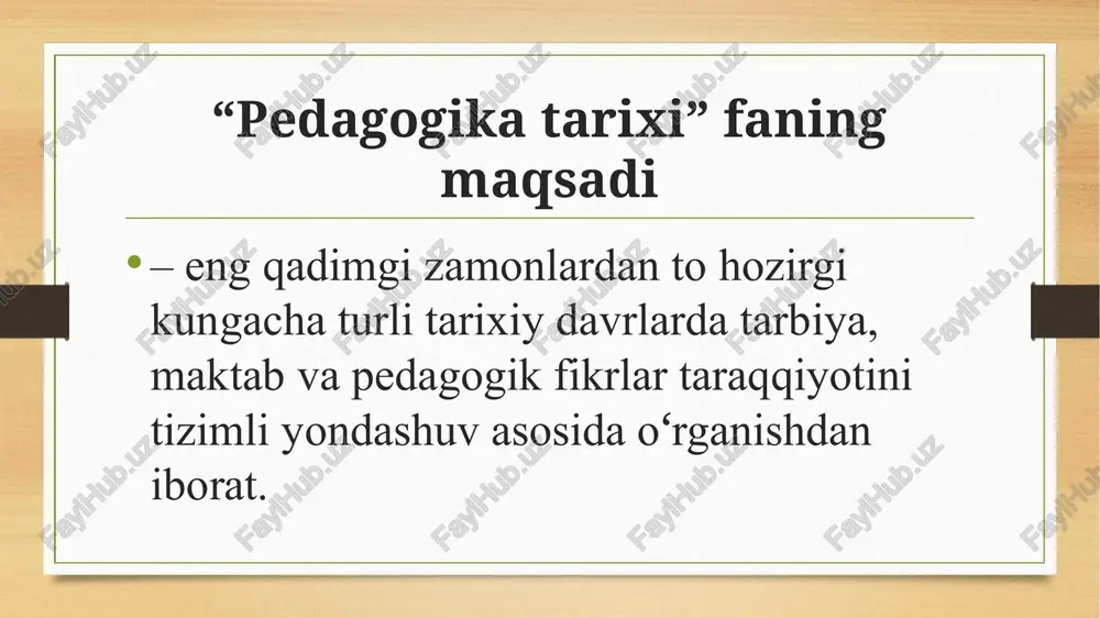 «o‘rxun-enasoy yozma yodgorliklari» (vi-vii asrlardagi turkiy-runiy yozuvida yozilgan) * «qultegin» bitigtoshi * «bilga hoqon» bitigtoshi * «tunyuquq» bitigtoshi vii asrdan xiv asrning birinchi yarmigacha o‘rta osiyoda tarbiya, maktab va pedagogik fikrlar islom dinining tarqalishi va uning ta’lim-tarbiyaga ta’siri ii asr boshlarida islom g‘oyasiga asoslangan arab xalifaligi tashkil topib, bu davlat o‘z mavqeini mustahkamlash uchun boshqa mamlakatlarni zabt eta boshladi. butun arabiston yarim oroli, shuningdek, eron, suriya, janubiy ispaniya, kavkaz orti hamda shimoliy afrikada joylashgan bir qator mamlakatlar xalifalik tarkibiga kiritildi. arab istilochilari viii asrning o‘rtalariga kelib movarounnahrni to‘la zabt etishga erishdilar. hadis ilmining paydo bo‘lishi hadis –sunna muxammad payg‘ambarning hayoti va faoliyatiga oid diniy-dunyoviy ko‘rsatmalar majmuasidir hadislar dastlab yozilmagan. sahobalar (abu huroyra va boshqalar) yod olganlar. (tug‘ri, sahih, hadislar) xalifa umar ibn abdulaziz tomonidan ishonarli hadislar to‘planadi. viii – ix asrlar hadis ilmi uchun “oltin davr” hisoblanadi “musnad” “sahih” “sunon” hadis yo‘nalishlari bunga abdulloh ibn muso va imom ahmad ibn …