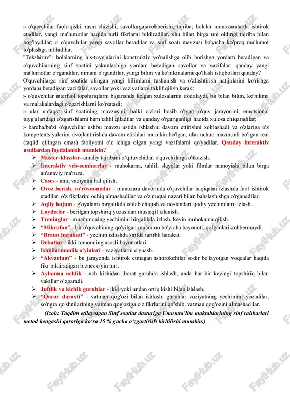 ________________________ “sinf soati” mashg‘ulotlarining 2024-2025 o‘quv yili uchun o‘quv-mavzu rejasi 2–sinf № o‘tiladigan mavzular soat rejada amalda 1. ona yurtim - oltin beshigim. 1 2. men odobli o‘quvchiman. 1 3. yo‘l harakati qoidalarining vujudga kelish tarixi. (yo‘l harakati qoidalari). 1 4. ustozga hunnat (1-oktyabr - o‘qituvchilar va murabbiylar kuni munosabati bilan). 1 5 yaxshilik qilishga shoshiling. 1 6 ona tabiatni asraylik. (4-oktyabr - butunjahon hayvonlami himoya qilish kuni munosabati bilan). 1 7 xavfsizlik alifbosi. 1 8 ona tilim - jon-u dilim. 1 9 piyodalar va ulaming tashkiliy jamlanmasida harakatlanish (yo‘l harakati qoidalari). 1 10 o‘zbekiston respublikasining bayrog‘i (18-noyabr - davlat bayrog'i qabul qilingan kun munosabati bilan). 1 11 tartibga solish vositalari va ahamiyati (yo‘l harakati qoidalari). 1 12 zo‘ravonlikka yo‘q deymiz. 1 13. baxtimiz qomusi (8-dekabr - konstitutsiya kuni munosabati bilan). 1 14 o‘zbekiston respublikasi madhiyasi (10-dekabr - davlat madhiyasi qabul qilingan kun munosabati bilan). 1 15 yo‘lni kesib o'tish. …