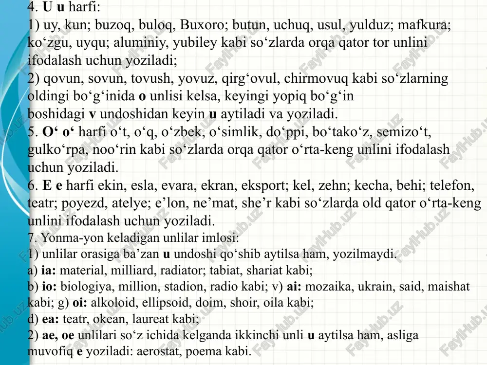 il, keling, bordingiz; tong, ming, teng kabi so‘zlarda til orqa ovozdor burun tovushini ifodalash uchun yoziladi. 27. q q harfi qizil, qimiz, qirq, haqiqiy, aql kabi so‘zlarda chuqur til orqa jarangsiz portlovchi undoshni ifodalash uchun yoziladi. 28. g‘ g‘ harfi g‘oz, bag‘ir, tog‘ kabi so‘zlarda chuqur til orqa jarangli sirg‘aluvchi undoshni ifodalash uchun yoziladi. 29. x x harfi xabar, xo‘roz, xohish, xushnud, baxt, axborot, mix kabi so‘zlarda chuqur til orqa jarangsiz sirg‘aluvchi undoshni ifodalash uchun yoziladi. 30. h h harfi hosil, hamma, bahor; isloh, nikoh kabi so‘zlarda jarangsiz sirg‘aluvchi bo‘g‘iz undoshini ifodalash uchun yoziladi. 31. yonma-yon keladigan undoshlarning imlosi: 1) baland, samarqand, poyezd; do‘st, past, artist, g‘isht kabi so‘zlarda d, t tovushi ba’zan aytilmasa ham, yoziladi; 2) metall, kilogramm, kilovatt, kongress kabi o‘zlashma so‘zlar oxirida bir undosh aytilsa ham, ikki harf yoziladi. lekin bunday so‘zga xuddi shu tovush bilan boshlanadigan qism qo‘shilsa, so‘z oxiridagi bir harf yozilmaydi: metall + lar …
