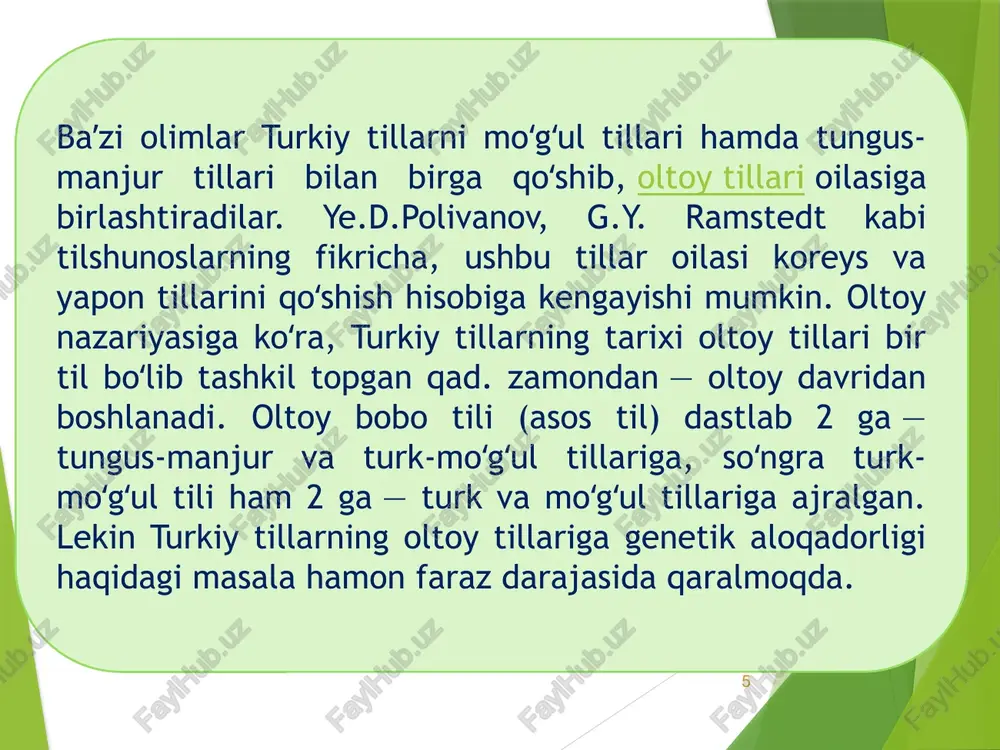 ur 1.i unlisi oldidan tungus tilida t, manjur tilida s kelsa, turk-mo’g’ul tillarida ch-sh keladi. masalan, o’ttiz so’zi tunguscha gutin, manjurcha gusin, mo’g’ulcha guchin deyiladi(savol). 2.asosiy xususiyat mo’g’ul qabilalari tillarida r-l, turkiy qabilalarda z-sh/s tovushlarining ishlatilishi asosiy qonuniyat. 3.2 ga ajralish uzil-kesil hal bo’ldi 20 oltoy davri bu davr tili fanda: 1.rototsizm(r-tillar); 2. lambdaizm(l-tillar) deb nomlanadi. r, l undoshlari har ikki til uchun umumiydir. mazkur undoshlar hozirgi kunda bulg`or va chuvash tillarida saqlanib qolgan. 21 xunn davri mazkur davrda markaziy osiyodan sharqiy yevropagacha, shimoldan sharqiy sibir va hindistonning shimoliy chegaralarigacha hududda xunnlar hukmronlik qilgan. eraning i asrlaridan boshlab, xunn imperiyasi ichki ziddiyatlar oqibatida 2 qismga ajrlib ketadi. 12.09.2025 22 2.xunn davri xunn davri - eramizdan oldingi iii asrdan eramizning v asrigacha bo‘lgan davrni qamrab oladi xunn davri g’arbiy xunn sharqiy xunn 23 turkiy tillar taraqqiyotining xunn davri: v.v. bartoldning fikricha, xunn imperiyasi davrining til xususiyatlarini aks ettiruvchi yozma yodgorliklar yo’q. …