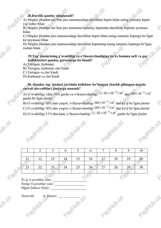 va uyumni ishlatish chog’ida ularni o’zidan chiqara oladigan tog’ jinslari 25. granulometrik tarkib nima? a) bo’sh tog’ jinslari tarkibidagi turli o’lchamdagi zarrachalar miqdori b) bo’sh tog’ jinslari hajmdagi namuna zarralari yuzasining yig’indisi c) bo’sh tog’ jinslari katta-kichikligi va injenerlik-geologik xossalari bir xil yoki bir-biriga yaqin bo’lgan zarralar yig’indisi d) o’zida flyuidlarni saqlaydigan, va uyumni ishlatish chog’ida ularni o’zidan chiqara olmaydigan tog’ jinslari 26. tog’ jinslarining g’ovakliligi nima? a) katta-kichikligi va injenerlik-geologik xossalari bir xil yoki bir-biriga yaqin bo’lgan zarralar yig’indisi b) tog’ jinslaridagi bo’shliqlar (g’ovaklar, kovaklar, yoriqlar) c) o’zida flyuidlarni saqlaydigan, va uyumni ishlatish chog’ida ularni o’zidan chiqara olmaydigan tog’ jinslari d) hajmdagi namuna zarralari yuzasining yig’indisi 27. o’tkazuvchanlik nima? a) tog’ jinslaridagi bo’shliqlar b) qatlamdagi bosimlar farqiga ko’ra jinslarning suyuqlik yoki gaz o’tkazish qobiliyati c) hajmdagi namuna zarralari yuzasining yig’indisi d) tog’ jinslari tarkibidagi turli o’lchamdagi zarrachalar miqdori 28.darzlik qanday aniqlanadi? a) miqdor jihatdan ma’lum jins namunasidagi darzliklar hajmi …