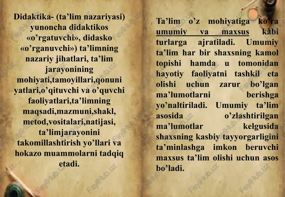 pedagogika fanining asosiy kategoriyalari shaxs kamolotini ta`minlash, ta’lim va tarbiya samaradorligiga erishga qaratilgan jarayonlarning umumiy mohiyatini yoritadi. eng muhim kategoriyalar sirasiga quyidagilar kiradi: shaxs, tarbiya, ta’lim (o’qitish, o’qish), bilim, ko’nikma, malaka, ma`lumot, rivojlanish. shaxs – psixologik jihatdan taraqqiy etgan, shaxsiy xususiyatlari va xatti – harakatlari bilan boshqalardan ajralib turuvchi, muayyan xulq- atvori va dunyoqarashga ega bo’lgan jamiyat a`zosi. tarbiya — muayyan, aniq maqsad hamda ijtimoiy-tarixiy tajriba asosida yosh avlodni har tomonlama o’stirish, uning ongi, xulq-atvori va dunyoqarashini tarkib toptirish jarayoni. ta’lim—o’quvchilarni nazariy bilim, amaliy ko’nikma va malakalar bilan qurollantirish, ularning bilish qobiliyatlarini o’stirish va dunyoqarashlarini shakllantirishga yo’naltirilgan jarayon. bilim— shaxsning ongida tushunchalar, sxemalar, ma`lum obrazlar ko’rinishida aks etuvchi borliq haqidagi tizimlashtirilgan ilmiy ma`lumotlar majmui. ko’nikma – shaxsning muayyan faoliyatni tashkil eta olish qobiliyati. malaka – muayyan harakat yoki faoliyatni bajarishning avtomatlashtirilgan shakli. ma’lumot— ta’lim – tarbiya natijasida o’zlashtirilgan va tizimlashtirilgan bilim, hosil qilingan ko’nikma va malakalar hamda tarkib to’gan dunyoqarash …
