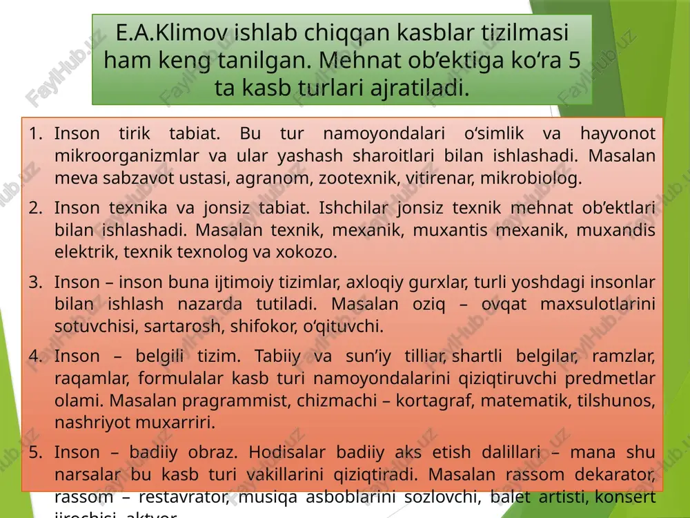 ompleksga professiografik usullardan gigienik, tabiiy, psixologk va fiziologik usullar kiradi. professiografiya natijalari professiogrammada aks etadi, u mehnat sharoitlari tasviri, ishchi huquq va majburiyatlari, muhim kasbiy sifatlari, shuningdek, sog‘lig‘iga qarshi ko‘rsatmalarni o‘z ichiga oladi. professiogrammaning muhim tarkibiy qismi - psixogramma bo‘lib, u mutaxassisning motivasion, iroda va emosional sohasining tavsifi hisoblanadi. psixogramma - kasbning psixologik portreti bo‘lib, u aniq kasbda dolzarb bo‘lgan psixologik funksiyalar guruhi bilan namoyon bo‘ladi. e’tiboringiz uchun raxmat! /docprops/thumbnail.jpeg