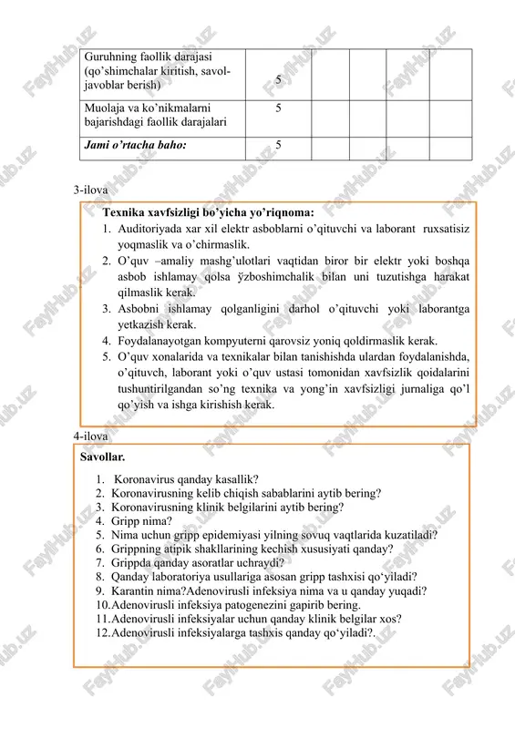 kteriologik usul. tomoqdan surtma olish 1. shtapel, probikalar va steril tamponlar tayyorlanadi. 2. bemorning yuzi iloji boricha yoriklikka qaratiladi. 3. chap qo’lga shpatel va probirkalar olinadi 4. shtapel bilan til ildizi ohista bosiladi va o’ng qo’l bilan probirkadan steril tampon olinadi. 5. steril tampon og’iz bo’shligining shilliq qavatlariga tegizmasdan bodomcha bezlariga (chap va o’ng) ohista turtilib olinadi. 6. ehtiyotlik bilan steril tampon probirkaga uning devorlariga tegmagan holda solib qo’yiladi 7. so’ng tomog’idan olingan surtma nima maqsadida ekanligi,bemor ismi va familiyasi yoziladi, olingan kun, davolash muassasasi nomi ko’rsatiladi. 8. tomoqdan olingan surtma bakteriologik laboratoriyaga yo’llanma bilan tekshirishga yuboriladi burundan surtma olish usullari burundan surtma adenovirus infektsiyalarni tekshirish maqsadida olinadi. 1. qo’l yuviladi, quritiladi. 2. qo’lqop kiyiladi. 3. steril tampon hamda probirka tayyorlanadi. 4. bemor stulga boshini orqasiga egilgan holda o’tqaziladi. 5. probirka chap qo’lga olininadi. 6. o’ng qo’l bilan asta sekin tampon chiqariladi. 7. chap qo’l bilan bemor burnining uchi sal …