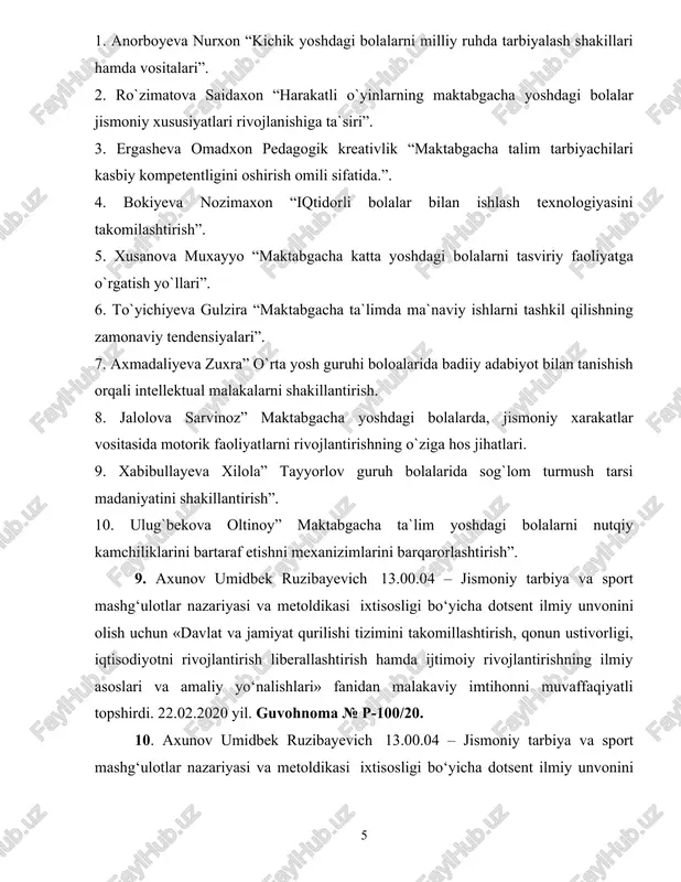 qonun ustivorligi, iqtisodiyotni rivojlantirish liberallashtirish hamda ijtimoiy rivojlantirishning ilmiy asoslari va amaliy yo‘nalishlari» fanidan malakaviy imtihonni muvaffaqiyatli topshirdi. 22.02.2020 yil. guvohnoma № p-100/20. 10. axunov umidbek ruzibayevich 13.00.04 – jismoniy tarbiya va sport mashg‘ulotlar nazariyasi va metoldikasi ixtisosligi bo‘yicha dotsent ilmiy unvonini olish uchun «pedagogik texnologiya va pedagogik mahorat» fanidan malakaviy imtihonni muvaffaqiyatli topshirdi. 10.06.2020 yil. guvohnoma № 54-i-2020. 11. axunov umidbek ruzibayevich 13.00.04 – jismoniy tarbiya va sport mashg‘ulotlar nazariyasi va metoldikasi ixtisosligi bo‘yicha dotsent ilmiy unvonini olish uchun « pedagogika nazariyasi va tarixi» fanidan malakaviy imtihonni muvaffaqiyatli topshirdi. 10.06.2020 yil. guvohnoma № 55-i-2020. 12. axunov umidbek ruzibayevich 13.00.04 – « jismoniy tarbiya va sport mashg‘ulotlar nazariyasi va metoldikasi » ixtisosligi bo‘yicha dotsent ilmiy unvonini olish uchun « jismoniy tarbiya va sport mashg‘ulotlar nazariyasi va metodikasi» fanidan malakaviy imtihonni muvaffaqiyatli topshirdi. 05.08.2020 yil. guvohnoma № 133-i-2020. 13. axunov umidbek ruzibayevich 13.00.04. – jismoniy tarbiya va sport mashg‘ulotlar nazariyasi va …