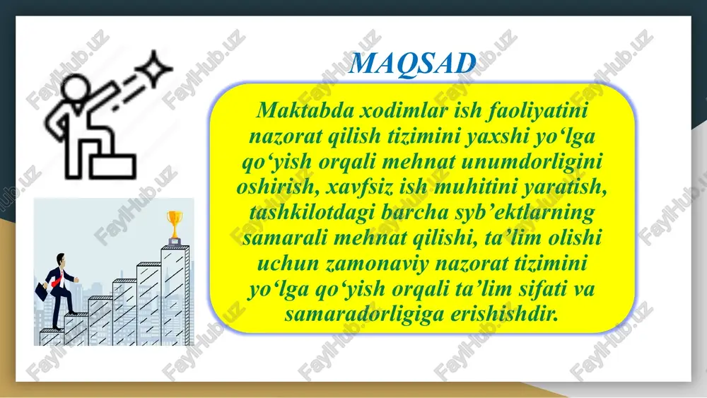 a olib kelayapti. *past motivatsiya: xodimlarni nazorat qilish mexanizmida eskicha usullarining saqlanib qolinganligi, bu o‘ziga bo‘lgan ishonchni so‘ndirib, o‘z vazifalarini vijdonan bajarmaslikka olib kelayapti. *nazorat tizimining zamonaviy usullarining yo‘qligi. 1)xodimlarni nazorat qilish tizimlari bilan ishlashga o‘rgatish, shuningdek, ulardan foydalanish muhimligi yetkazish maktab rahbari, kadrlar bo‘yicha menejer doimiy * xodimlarning rahbariyatga nisbatan ishonchi ortadi. o‘qituvchilar o‘z ishini nazorat qilinishinig adolatli va shaffof olib borilayotganligiga amin bo‘ladi va o‘z xizmat joyiga mehri yanada oshdi. 2)kompleks yondashuv bilan nazorat tizimini xavfsizlikni ta’minlash-ning samarali vositasiga aylantirish. (o‘qituvchi, ota-ona, jamoatchilik kuzatuvi) maktab rahbari, hamkor tashkilotlar doimiy *maktabda xavfsiz ishchi muhiti yaratiladi. *ota-onalarning nazorati o‘qituvchini o‘z ustida yanada ko‘proq ishlashiga olib keladi. *o‘quvchi+ota-ona+o‘qituvchi hamkorligi yo‘lga qo‘yiladi. 3)zamonaviy kuzatuv apparatlarini o‘rnatish maktab rahbari, kuzatuv kengashi yil boshida *nazorat tizimining raqamlashtirilishi orqali o‘qituvchilar o‘zini darsini o‘zi tahlil qilish imkoniyatini beradi. chora-tadbir: t/r muammo muammoning yechimini amalga oshirish mexanizmi mas’ullar muddati natija 2. texnik bazaning nomukammalligi: * eskirgan uskunalar: …