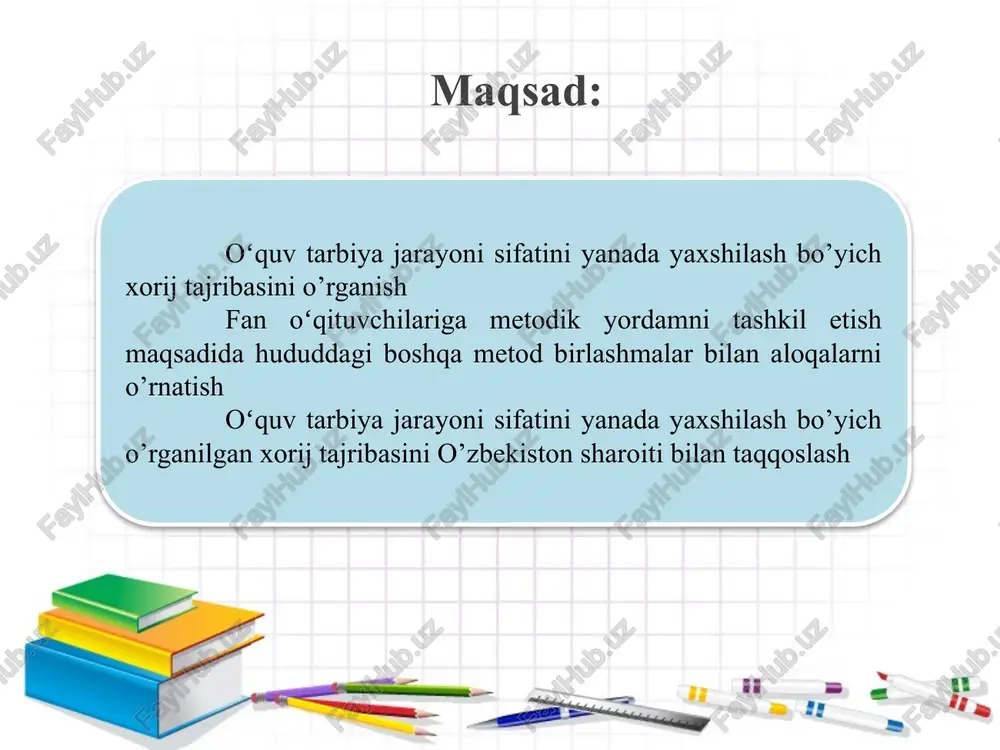 rish hamda o’quv seminar-treninglar tashkil etish 1.metod birlashmalararo tajriba almashish metod birlashma rahbarlari, fan o’qituvchilari yil davomida o’qituvchilar (kreativ fikrlash, jamoada ishlash, muloqatni to’g’ri yo’naltiradi o’quvchilarga zamonaviy metodik uslubda dars o’tadi 2.o’quvchilarda ta’lim sifati yaxshilanadi 3 o‘quv jarayonining nazorati hamda monitoring qilinishining sustligi 1.ochiq darslar tashkil qilish maktab direktori, metod birlashma rahbarlari, fan o’qituvchilari yil davomida. yil yakunida metod birlashma faoliyati da ish samaradorligi oshadi 2. darslarni muntazam kuzatish va tahlil qilish orqali pedagoglar faoliyatini baholash 3. yil yakunida hisobat qilish va rag’batlantirish e’tiboringiz uchun rahmat!!! image2.png image3.jpeg image4.png image5.png image6.png image1.png /docprops/thumbnail.jpeg