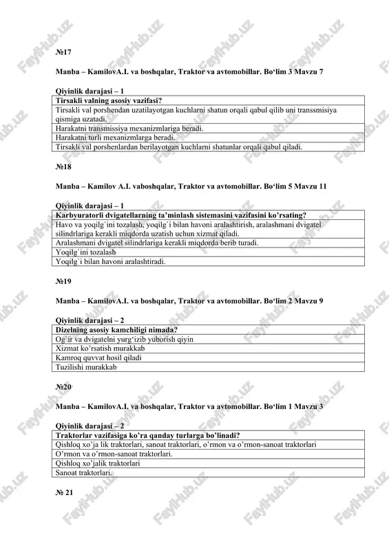 nergiyani o’ziga to’plab, qolgan jarayonlarni bajarilishi uchun uni sarflaydi, hamda krivoship-shatun mexanizm detallarini turish nuqtalaridan siljitib dvigatelning ravon ishlashini ta’minlaydi tirsakli valni aylantirish uchun kerak bo’lgan mexanizm. dvigatelni yurgizib yuborishni engilashtiradi. maxovik kinetik energiya to’playdi. №25 manba – kamilov a.i. va boshqalar, traktor va avtomobillar .bo‘lim 3 mavzu 7 qiyinlik darajasi – 2 tirsakli va shatun buyni kattikligini oshirish uchun nima kilinadi? 1,5 …4 mm chukurlikda yukori chastotali tok bilan ishlov beriladi va jilvirlanadi frezerli stanokda ishlov beriladi ishlov berilmaydi alyuminiy kotishmasi bilan koplanadi №26 manba – kamilov a.i. va boshqalar, traktor va avtomobillar. bo‘lim 4 mavzu 1 qiyinlik darajasi – 1 gaz taqsimlash mexanizmining vazifasi? kiritish jarayonida kirish tuyniklarni (o’z vaqtida) ochiq bo’lishini, siqish va kengayish jarayonlarida silindrning germetikligini va chiqarish jarayonida chiqarish tuyniklarini o’z vaqtida ochiq bo’lishini ta’minlaydi yongan gazlarni chiqarib yuboradi. zo’rlik bilan havo haydaydi. tashqaridan xavoni ichkariga kiritadi. №27 manba – kamilov a.i. va boshqalar,t raktor …