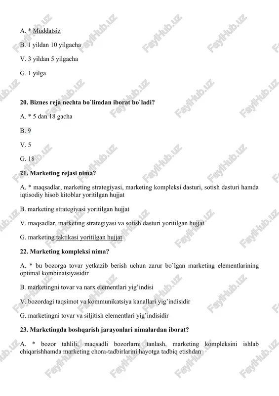 tadbirkorlik siri g. mulkka egalik kilish, foydaga intilish 31. mulkchilikning qanday turlarini bilasiz? a. * shaxsiy va xususiy mulk, jamoa mulki, davlat mulki, aralash mulk, qo’shma korxonalar mulki b. xususiy mulkchilik, jamoa mulki v. xususiy, aralash g. qo’shma korxonalar mulki, jamoa mulki 32. tadbirkorlikni qanday shakllarini bilasiz? a. * yakka tadbirkorlik, xususiy, jamoa, aralash tadbirkorlik b. aralash tadbirkorlik, jamoa tadbirkorlik v. xususiy tadbirkorlik, yakka tartibdagi tadbirkorlik g. jamoa tadbirkorligi, oilaviy tadbirkorlik 33. muddati bo`yicha rejalashtirishning qanday turlarini bilasiz? a. * uzoq muddatli, o’rta muddatli, qisqa muddatli ,rejalashtirish b. strategik rejalashtirish, uzoq muddatli rejalashtirish, taktik rejalashtirish, v. strategik rejalashtirish, taktik rejalashtirish, o’rta muddatli rejalashtirish g. operativ rejalashtirish, strategik rejalashtirish 34. jismoniy shaxs – bu: a. * mamlakatning huquqli bo`lish qobiliyatiga ega bo`lgan fuqarosidir b. o`z mulkiga ega bo`lib, majburiyatlari uchun shu mulki bilan javob beradigan, belgilangan tartibda davlat ro`yhatidan o`tgan va mulkini mustaqil boshqarib borayotgan tashkilot v. mustaqil muassasa g. mustaqil …