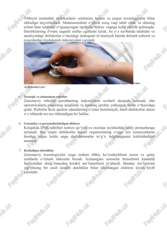 salomatlikni geymifikatsiyalashtirish o‘yinlar hayotimizning ajralmas qismidir, lekin kelajakda sog‘liqni saqlashni monitoring qilish dasturlariga o‘yin komponentini qo‘shib qo‘yish bemorlarni har kuni ma’lumot to‘plashga va sog‘liqqa ijobiy ta’sir ko‘rsatadigan qarorlar qabul qilishga undashga yordam beradi. meskoning so‘zlariga ko‘ra, surunkali kasalliklarga chalingan bemorlarning yarmidan ortig‘i shifokorlarning ko‘rsatmalariga amal qilmaydi. geymifikatsiya qilish bemorning shifokor belgilagan kursdan chetlanishini qiyinlashtiradigan muhitni yaratadi. 2. bemorlarning huquqlarini kengaytirish sog‘liqni saqlash xizmati shifoxonalardan tashqariga chiqib, bemorlarning o‘zlarini anglashlariga va vakolatlarini kengaytirishga yordam beradi. ko‘pchilik internetdan kasallik belgilarini aniqlab, o‘z-o‘ziga taxminiy tashxis qo‘yish uchun foydalanadi. sog‘lom aql malakali tibbiyot mutaxassislariga murojaat qilish mumkin bo‘lgan hollarda bunday qilishni ma’qullamaydi, ammo shifokorlar bemorlarga internetdan ma’lumot olish uchun foydalanishni ham taqiqlay olishmaydi. foto: «lifehacker.ru» ushbu tendensiyaga qarshi turishning hojati yo‘q, faqat uni to‘g‘ri yo‘naltirish lozim. yangi texnologiyalar nihoyat tibbiyot xodimlariga u yoki bu axborotni taqdim etish va ba’zi ma’lumotlarni tushuntirishga vaqtini ketkizmasdan bemorni davolashga e’tiborini qaratish imkonini beradi. shifokorlar o‘zlari biladigan va yaxshi …