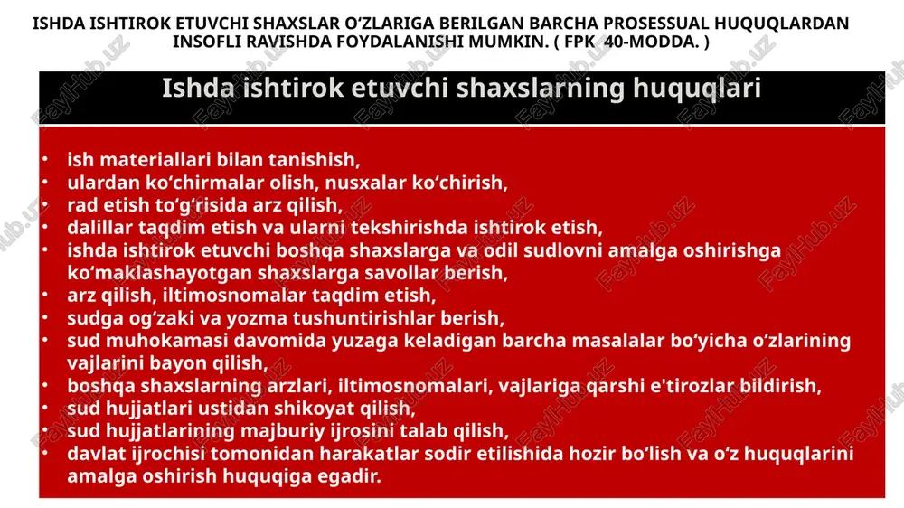 a nisbatan mustaqil talab bilan arz qilmaydigan uchinchi shaxslar. mazkur shaxslar da'vogarlar bilan bir xilda huquqiy maqomga ega boʻlganliklari sababli ularning huquq va qonuniy manfaatlari himoya qilinishi talab etiladi. masalan, agar uchinchi shaxs sud majlisi boshlanganidan keyin prosessga kirishadigan boʻlsa, ishni koʻrish yangidan boshlanadi. uchinchi shaxslarning prosessual huquqlari fpkning 48-moddasiga asosan nizoning predmetiga nisbatan mustaqil talablar bilan arz qiluvchi uchinchi shaxslar sud hal qiluv qarorini chiqarguniga qadar ishga kirishishlari mumkin. ular da'vogarning hamma huquqlaridan foydalanadilar va uning hamma majburiyatlarini oʻz zimmalariga oladilar. xususan, uchinchi shaxs-lar oʻz arzida bayon qilingan talablarning asosini yoki predmetini oʻzgartirishga, da'vo talablarining miqdorini oshirishga yoki kamaytirishga, ulardan butunlay yoki qisman voz kechishga haqli. undan tashqari, prosessning istalgan bosqichida kelishuv bitimi tuzish orqali ishni yakunlashga haqlidirlar. mazkur shaxslarning da'vogarlardan birgina farqi mavjud boʻlib, u ham boʻlsa, prosessga kirishish vaqtida namoyon boʻladi. fuqarolik prosessual kodeksida uchinchi shaxs aynan qaysi tarafga nisbatan da'vo qoʻzgʻatishi mumkinligi nazarda tutilmagan. uchinchi shaxs …