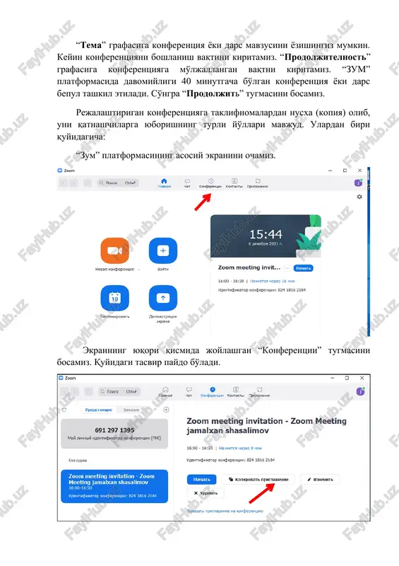 tiyoriy paytda yozishni to'xtatish yoki to'liq tugatish mumkin. onlayn-konferentsiya yakunlanishi bilan vaqtinchalik fayl .mp4 formatga aylana boshlaydi. uni dastur joylashgan papkadan topish mumkin. image3.png image4.png image5.png image6.png image7.png image8.png image9.png image10.png image11.png image12.png image13.png image14.png image15.png image16.png image17.png image18.png image19.png image20.png image21.png image22.png image23.png image24.png image25.png image26.png image27.png image28.png image29.png image30.png image31.png image32.png image1.png image2.png zoom platformasida konferentsiya tashkil etish ( yo'ri ? noma ) o nlayn zoom platformasi internet alo ? asidan foydalanib, videokonferentsiyalar, seminarlar, onlayn videodarslar tashkil ? ilish ga mo'ljallangan dastur ? isoblanadi . zoom konferentsiyalarida oddiy ishtirok chi sifatida ? atnashish uchun ro'yxatdan o'tish talab ? ilinmaydi, guru ? ga bo ? lanish yoki xos identifikator yordamida ? o'shilish kifoya. lekin video konferentsiyalar ni tashkil etish uchun ro'yxatdan o'tish zarur . ro'yxatdan o'tish komp yuter uchun ? am, mobil ? urilmalar uchun ? am o'rinli bo'lib, u ni amalga oshirish bir - biridan ozgina far ? …