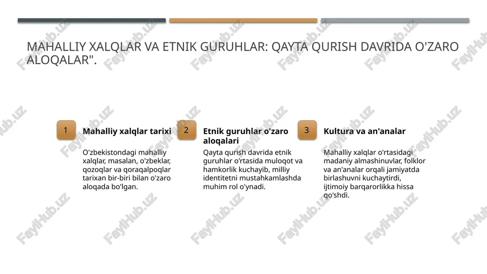 yo'nalishlar: perestroika ta'sirida o'zbek ijodkorligi. 1 musiqa yangilanishi - qayta qurish davrida o'zbek musiqasi yangi yo'nalishlarga o'zgardi, xalq musiqasi va zamonaviy janrlar birlashib, innovatsion asarlar yaratildi. 2 san'at va ijod - o'zbek san'atida perestroika ta'siri bilan yangi ijodiy tendensiyalar paydo bo'ldi, an'anaviy san'at shakllari zamonaviy texnikalar bilan birlashdi, yangi ifoda usullari ishlab chiqildi. 3 madaniy tadbirlar - qayta qurish yillarida madaniy tadbirlar, konsertlar va ko'rgazmalar ko'paydi, bu o'zbek ijodkorlarini global madaniyat bilan tanishtirishda muhim rol o'ynadi. 4 etnik boylik - o'zbek musiqasi va san'atida etnik boylik va farqlilik ko'p hollarda aks etgan, bu esa turli xalqlar o'rtasida madaniy almashuvni kuchaytirdi. milliy identitet va madaniy meros: qayta qurish yillarida yangi talqinlar. milliy identitetning o'zgarishi qayta qurish yillarida o'zbekistonda milliy identitet o'zgarishlarga duch keldi, bu esa milliy qadriyatlar va urf-odatlarga yangi qarashlar olib keldi. madaniy merosni qayta baholash o'zbekistonning madaniy merosi, tarixiy obidalar va an'analar, qayta qurish davrida yangicha baholanib, millatning o'ziga …