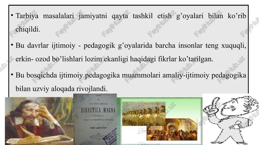 shlar ham faol rivojlanib keldi. 3. rossiya pedagogikasida ijtimoiy pedagogikaga oid ilmiy izlanishlar rossiyada ijtimoiy pedagogika rivojalnishi – fan sohasi sifatida ham va professional amaliy faoliyat sohasi sifatida ham va o’quv fani sifatida o’z xususiyatlariga ega. ijtimoiy pedagogikani mustaqil fanga ajralib chiqishida shart-sharoitlarini xix asrning k.d.ushinskiy, l.n.tolstoy kabi mashxur pedagoglari va boshqalar asarlarida topish mumkin. xx asrning 20-30 yillarida a.s.makarenko, s.t.shatskiy kabi pedagoglar faoliyatlarida yetim bo’lib qolgan bolalarga ijtimoiy pedagogik yordam ko’rsatishga qaratilgan edi. lekin 30-yillardan keyin sosializm g’alaba qozongani e’lon qilinganidan keyin hamma ijtimoiy muammolar ikkinchi darajali bo’lib qoldi. ularni o’tmish qoldiqlari deb atab ular haqida gapirmaslikka hatrakat qilindi. xviii asrning 90 yillarida rosiyada ijtimoiy psixologiyaning rivojlanishi yangi davri boshlandi. ular bu yillarda “yuqoridan” imperative (lotincha imperativus) farmon ya’ni, e’tirozlarni qabul qilmaydigan, tanqidga yo’l qo’ymaydigani kiritilgan. bu ijtimoiy psixologiyaning ilmiy va amaliy sohalari bir vaqtda bir-biridan ajralan holda rivojlanishga olib keldi. amaliyot faniga tayana olmadi, chunki, fan ham amalda …