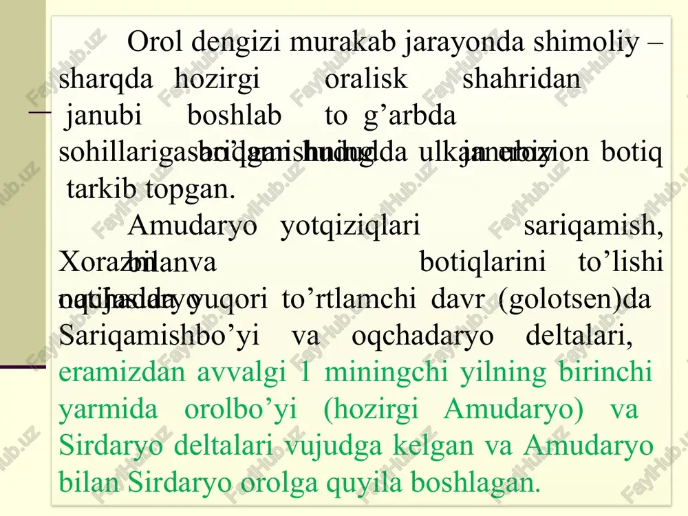tli tarizda tushib borishi kuzatilmoqda.2013-yil oxirida uning sathi 23,5 m (1961 yilda 53 m ) mutlaq balandlikda bo’lganligi qayt etildi. buning oqibatida uning 55 ming km2qismi qurib, quruqlikga aylandi. orol dengizi suvining sathi amudaryo va sirdaryo suvining bog‘liqligidan, bu ikki rejimi daryo bilan suvi sug’orishga qancha ko‘p sarflansa, dengizda suv shun-cha kamaya borgan. ayniqsa, o‘tgan asrning 60-yillaridan sug‘oriladigan ekin maydonlarining kengaytirilishi dengizga amudaryo va quyiladigan suv natijasida sirdaryodan yildan-yilga miqdori kamaya bordi. oqibatda dengizda suv sathi jadal sur’atlarda pasaya boshladi. yillar suv sathi m maydoni km2 suv sig‘imi km3 1960 53,40 68900 1063 1976 48,27 55700 730 1991 37,70 35100 302 1994 36,60 32500 250 1997 36,60 32500 250 2000 33,22 23900 167 2001 32,11 21100 142 2002 30,9 18100 119 orol dengizida suv satxi pasayishining uning suv yuzasi va suv sig‘imiga ta’siri 2- jadval 0 200 400 600 1200 1000 800 1960 1976 1991 1994 1997 2000 km3 1063 …