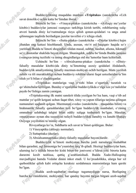 rohiblarga ham, dunyoviy kishilar (yaʼni oddiy qavm)ga ham; buddaga eʼtiqod qilinsa, bas. kengroq qaralganda, sangxa — muqaddaslik va qudrat xazinasi. qisqasi, buddaviylikda — buddaga ergashib, dharma talablarini bajarish va sangxa jamoasining aʼzosi boʻlib qolishdir. buddaviylik tarixi 2500 yildan ortiq davrni oʻz ichiga oladi. unga dastlab braxmanizm va jaynizmning taʼsiri kuchli boʻlgan. imperator ashoka (miloddan avvalgi iii-asr) davrida buddaviylik kuchli mustaqil din sifatida shakllandi. ix asrgacha muvaffaqiyatli faoliyat koʻrsatgan buddaviylik hindistonda inqirozga yuz tuta boshladi va pirovardida bu yerda uning oʻrnini hinduizm toʻliq egalladi. ammo buddaviylik shri lanka, janubiy-sharqiy osiyo va markaziy osiyo orqali xitoy, koreya, yaponiya va tibetga yoyilib ulgurgan edi. shri lanka va jan-sharqiy osiyoning materik qismida budda txeravadasi (qadimgi anʼanalarga sodiqlik), xitoy, koreya, yaponiya va tibetda esa maxayana (yangicha yondashuvlar) tarqaldi. xv-asrda osiyo qitʼasida paydo boʻlgan yevropaliklar buddaviylik bilan tanishdilar. ularning baʼzilari buddaviylikka kirgach, angliya, germaniya, aqshda oʻz jamoalarini tashkil etdilar. xitoylik va yaponiyalik muhojirlar bu eʼtiqodni gavayi …