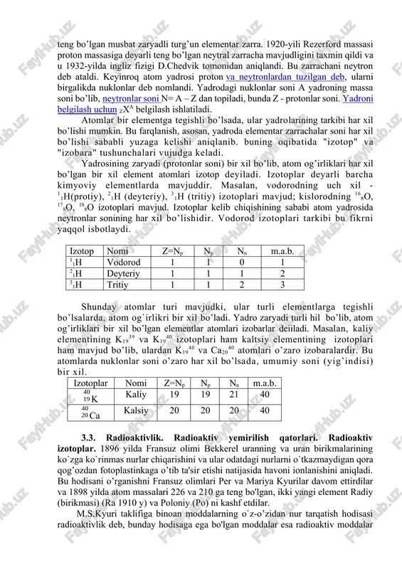 ilgan 2- postulatga asoslanadi. agar atomning energiyasi minimal qiymatga ega bo’lsa, elektron yadroga eng yaqin orbita bo’ylab harakat qiladi; atomning bu holatini g’alayonlanmagan holat deyiladi. qo’shimcha energiya qabul qilgan atom esa g`alayonlangan holatga o'tadi. binobarin, g`alayonlangan atomning energiyasi g’alayonlanmagan atomning energiyasidan ortiqdir. lekin atomning g`alayonlangan holati nixoyatda qisqa muddatli. u sekundning yuz milliondan bir ulushiga qadar oz vaqt davom etadi. n.bor nazariyasi vodorod atomi spektrining turli sohalaridagi ayrim chiziqlarning hosil bo'lish sababini aniq tushuntirib berdi. lekin bor nazariyasi kamchiliklardan xoli emas. n.bor nazariyasiga muvofiq elektronlar bir orbitadan 2-orbitaga o’tganda energiyaning o’zgarishi spektr chiziqda aks etadi. biroq spektrlarni sinchiklab tekshirish ularni yanada murakkab tuzilganligini ko’rsatdi. spektr chiziqlarning har qaysisi bir-biriga yaqin turgan ikki chiziq dupletdan, dupletlar esa bir-biriga juda yaqin turgan bir necha yo’ldosh chiziqlardan iboratligi tasdiqlandi. ko’p elektronli atomlarning spektrlarida shunday spektr chiziqlar ko’rsatiladiki ularni elektronning bir orbitadan 2-orbitaga o’tishi bilan tushuntirib bo’lmasdi. bor nazariyasi spektrdagi bu murakkablikni izoxlab bera …