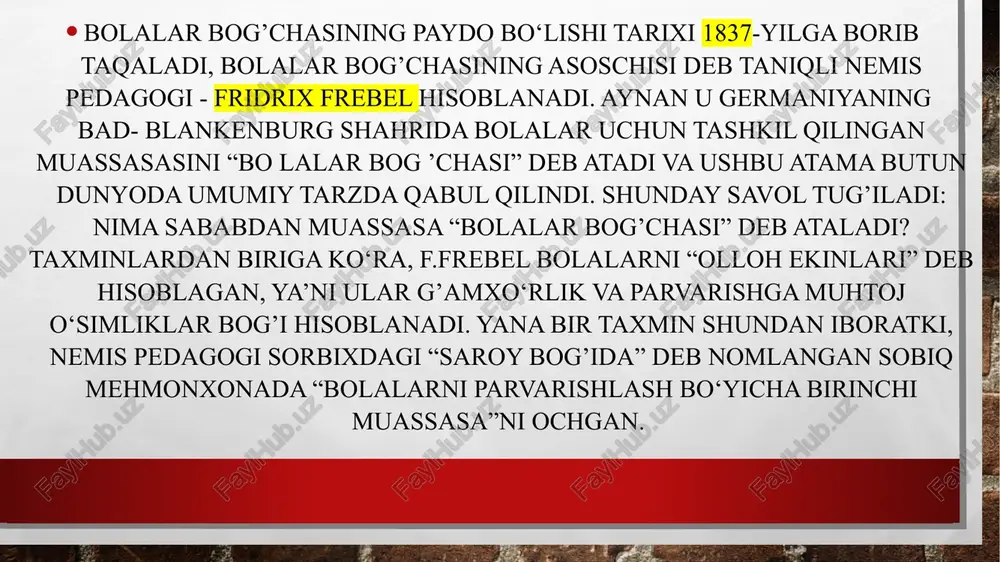 ni ta’minlashdan iborat bo‘lgan. keyingi yillarda maktabgacha ijtimoiy tarbiya ommaviy tus olgan. shunday bir sharoitda bolalar bog‘chasi bilan boshlang‘ich maktab birinchi snifidagi ta’lim-tarbiya ishlarida izchillik bo‘lishi tobora ko‘proq ahamiyat kasb eta boshlagan. bolalarning bog‘chada jismoniy, aqliy, axloqiy va estetik jihatdan erishgan kamoloti darajasiga maktab bemalol tayana olishi rejalashtirilgan. ammo ushbu ishlarni amaliyotga tatbiq etishga yetarli darajada mas’uliyat bilan yondashilmadi. maktabgacha ta’lim muassasalari faoliyatining qonuniy asoslari «ta’lim to‘g‘risida»gi qonun (1992 y.), kadrlar tayyorlash milliy dasturi (1997 y.), «maktabgacha ta’lim to‘g‘risida»gi konsepsiya (2008, 2011), «maktabgacha ta’lim muassasalari to‘g‘risida»gi nizom (2007), «bolajon» dasturi (2010) va boshqa me’yoriy-huquqiy hujjatlarda belgilab berilgan. image3.jpg image4.jpeg /docprops/thumbnail.jpeg