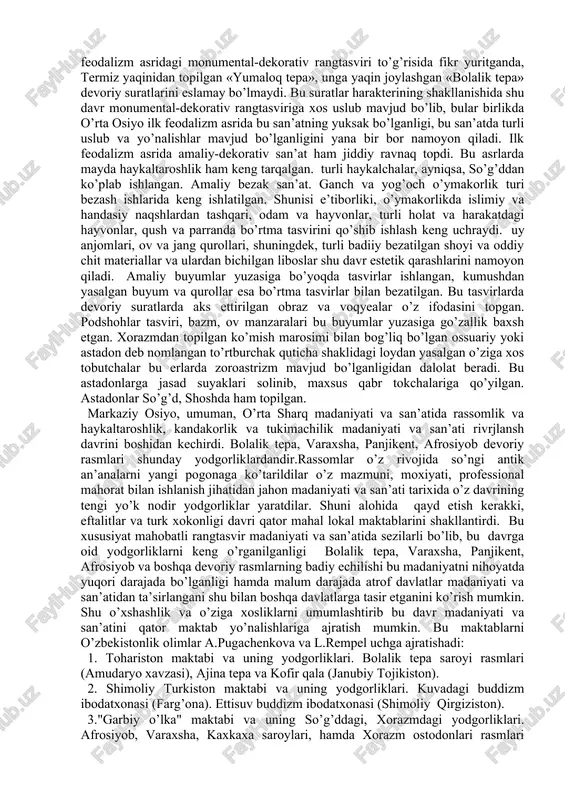 q va parchalari shu davr me’morlik madaniyatining yuksak bo’lganligi va eng muhimi shu davrda san’at sintezi a’lo darajada bo’lganligidan dalolat beradi. bu yodgorliklarning katta qismi devorlariga suratlar ishlanganligi, interer va ekstererlarida haykaltaroshlik asarlari qo’yilganligidan dalolat beradi. shu o’rinda xitoylik tarixchining samarqand va buxoro o’rtasida qurilgan hashamatli bino juda hayratlantirganligi, binoning shimoliy devorida bo’yoqlar bilan xitoy imperatorlarining tasviri, sharqiy devorda turk xonlari va hindiston hukmdorlari, g’arbiy devorda esa eron va rim podshohlari tasviri tushirilganligi haqida yozib qoldirgan. shuni ta’kidlash kerakki, o’rta osiyoda quldorlik tizimidan feodalizmga o’tish davri uning madaniyati va san’ati mazmuni va harakterida o’z ifodasini topdi. bu hol dastlab davr uchun harakterli katta oilalar yashaydigan qo’rg’on-qasrlar, ko’shklar qurilishida seziladi. bunday qo’rg’on-qasrlar o’rta osiyoning ko’pgina erlarida saqlanib qolgan. shahardan tashqaridagi shunday ilk qo’rg’onlardan biri xorazmdagi «yakkaparson» qo’rg’on-qasri bo’lib, uning markazida loydan qurilgan sun’iy tepalik (stilobat) da turar joy binosi joylashgan. qasr atrofi esa, uch qator devor bilan o’rab chiqilgan. feodal munosabatlarning …
