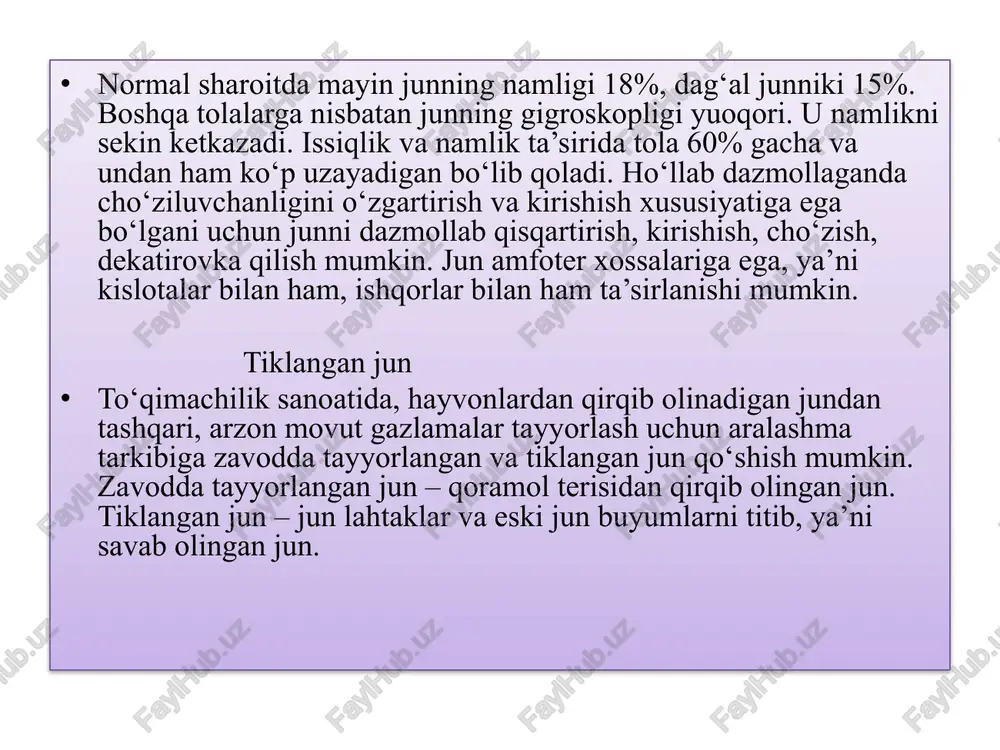 hlatiladi. profillangan kesimli to‘qimachilik viskoza ipidan olingan sun’iy mo‘yna tabiiy mo‘ynaga o‘xshash ko‘rinish beradigan optik effektga ega bo‘ladi. mtilon – modifikatsiyalanadigan junga o‘xshash viskoza tola bo‘ib, gilamlarni tukli qilish uchun ishlatiladi. viskoza tolalarini uzunasiga mikroskop ostiga qo‘yib qarasak, bo‘ylama chiziqlari bo‘lgan silindr shaklida ko‘rinadi. bo‘ylama chiziqlar yigiruv eritmasi notekis qotganda paydo bo‘ladi. sutrang tolalarda qora nuqtalar bo‘ladi, bu nuqtalar titan (iv) – oksid qo‘shilgan natijasidir. tolalarning ko‘ndalang kesimi tilingan ko‘rinishda. tolalarning uzunligi har xil bo‘lishi mumkin. elementar tolalarning chiziqli zichligi 0,27 - 0,66 teks, ko‘ndalang kesimi 25 - 60 mkm. viskoza iplarning yo‘g‘onligi ularni hosil qiladigan elementar tolalarning yo‘g‘onligi va soniga bog‘liq bo‘ladi. tolalarning pishiqligi sellyuloza molekulalarining joylashuviga bog‘liq bo‘ladi. normal viskoza tolalarning pishiqligi tabiiy ipaknikidan past, juda pishiq viskoza tolalaridan esa ancha yuqori. oddiy tolalarning nisbiy uzilish nagruzgasi 9,8 kn/teks; juda pishiq tolalarniki 45 kn/teksgacha, ho‘l holatda pishiqligi 50-60% gacha pasayadi. normal tolalarning uzilishdagi uzayishi 22%ga, juda pishiq tolalarniki …