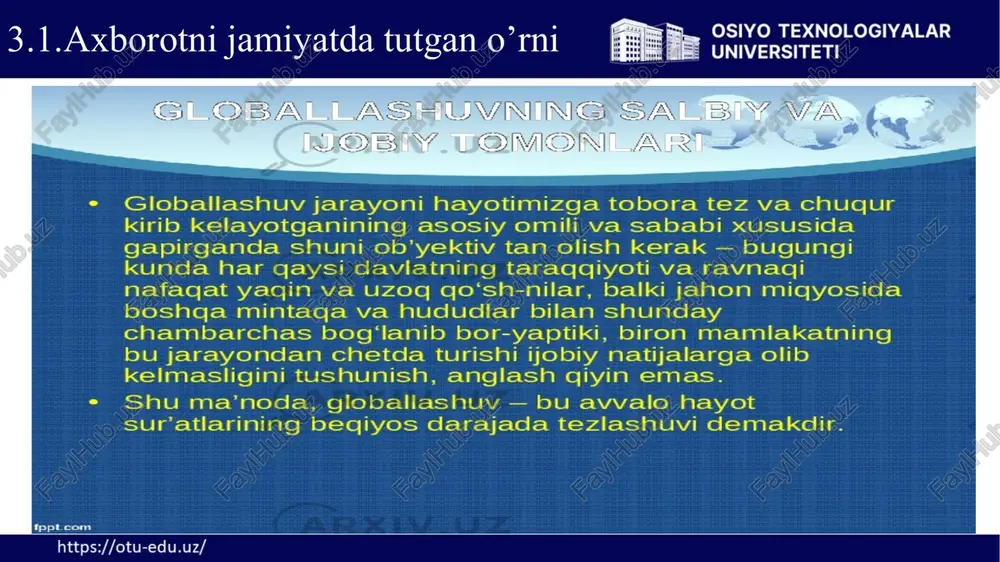 ligiga oid bir nechta oddiy maslahatlarni tavsiya qilmoqchimiz. biroq, har bir bola o’ziga xos alohida individual shaxs ekanligi va ularga alohida yondoshuv kerakligi bois, mutaxassislar bolalar va o’spirinlarni qu­yidagi toifalarga ajratishdi: 3.5. kompyuter virusi spam, fishing. mutaxasissislarning fikrlari bir-biridan farq qiladi. aksariyat ruhshunoslar, shifokorlar va pedagoglarning fikricha, internet tarmog’idan foydalanish vaqti qu­yidagicha taqsimlanishi lozim: 7 yoshdan 10 yoshgacha bo’lgan bolalar — kuniga 1 soat 10 yoshdan 13 yoshgacha bo’lgan bolalar — kuniga 1,5 soat 13 yoshdan 16 yoshgacha bo’lgan bolalar — kuniga 2 soat 3.5. kompyuter virusi spam, fishing. ta’kidlash joizki, bu vaqt oralig’ida ekran qarshisidagi bola kamida 10 daqiqa tanaffus qilishi kerak. o’smirlar va bolalarni kompyuter qarshisida, jumladan, internet tarmog’ida vaqt o’tkazishining yuqoridagi kabi taqsimlanishidan maqsad «internetga qaramlik», ko’rish qobiliyatining pasayishi («quruq ko’z» sindromi), umurtqa pog’o­nasining qiyshayishi (skalioz), qomatning buzilishi (bukchayish) kabi kasalliklardan asrashdir 3.5. kompyuter virusi spam, fishing. e’tiboringiz uchun raxmat image1.jpg image2.jpg image3.jpeg image4.png image5.jpeg image6.png image7.jpeg …