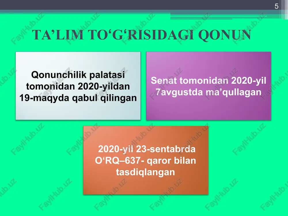 an deb topish. 73-modda. ushbu qonunning ijrosini, yetkazilishini, mohiyati va ahamiyati tushuntirilishini ta’minlash. 74-modda. qonunchilikni ushbu qonunga muvofiqlashtirish. 75-modda. ushbu qonunning kuchga kirishi. * * ta’lim sohasidagi davlat siyosatining asosiy prinsiplari ta’lim ustuvorligining tan olinishi; ta’lim olish shaklini tanlash erkinligi; ta’lim sohasida kamsitishlarga yo‘l qo‘yilmasligi; ta’lim olishga doir teng imkoniyatlarning ta’minlanishi; ta’lim va tarbiyaga milliy hamda umuminsoniy qadriyatlarning singdirilganligi; ta’lim va tarbiyaning insonparvarlik, demokratik xususiyati; ta’limning uzluksizligi va izchilligi; o‘n bir yillik ta’limning hamda olti yoshdan yetti yoshgacha bo‘lgan bolalarni bir yil davomida umumiy o‘rta ta’limga tayyorlashning majburiyligi; davlat ta’lim standartlari va davlat ta’lim talablari doirasida ta’lim olishning hamma uchun ochiqligi; o‘quv dasturlarini tanlashga doir yondashuvning yagonaligi va tabaqalashtirilganligi; insonning butun hayoti davomida ta’lim olishi; jamiyatda pedagoglarni ijtimoiy himoya qilishning kafolatlanganligi; ta’lim tizimining dunyoviy xususiyatga egaligi; bilimlilik, qobiliyatlilik va iste’dodning rag‘batlantirilishi; ta’lim tizimida davlat va jamoat boshqaruvining uyg‘unligi; ta’lim faoliyati sohasidagi ochiqlik va shaffoflik. maktabgacha ta’lim va tarbiya; umumiy o‘rta …