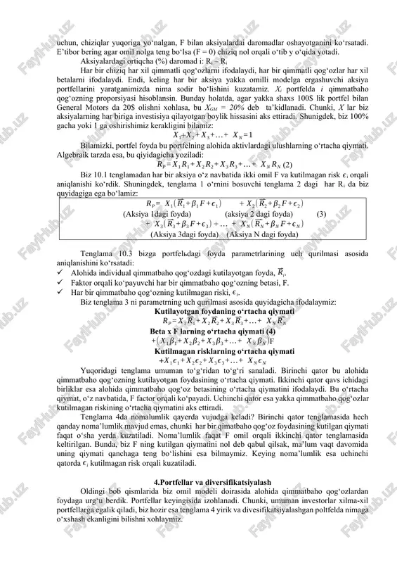 arq f1 = kutilmagan voqea hodisalar natijasida inflyatisya o‘zgarishi = haqiqiy inflyasiya – kutilayotgan inflyasiya = 7 % - 5 % = 2 % shunga o‘xshash: fyamm = kutilmagan voqea hodisalar natijasida yamm o‘zgarishi = haqiqiy yamm – kutilayotgan yamm = 1 % - 2 % = -1 % va: fr = kutilmagan voqea hodisalar natijasida foiz stavkasi o‘zgarishi = haqiqiy foiz stavkasi – kutilayotgan foiz stavkasi = - 2 % - 0 % = - 2 % aksiyalar daromadining tizimli riskga umummiy ta’siri, qo‘yidagicha hisoblanadi: m = daromadning tizimli riskdagi qismi = βl * fl+ βyamm*fyamm + βr*fr = [2 * 2 %] + [1*(-1 %)] + [(-1,8)*(-2%)] = 6,6 % aksiyalarning umumiy riskli qismining tizimsiz risk qismiga bog‘liqligi: m + e = 6.6 % + 5 % = 11.6 % oxirgi, yil uchun aksiyalardan kutilayotgan daromad 4 % bo‘lsa, umummiy daromad 3 ta komponentlardan qo‘yidagicha bo‘ladi: r = …