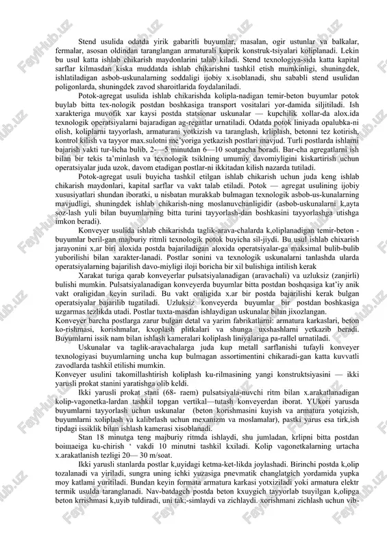 ratura ta’sirida chiziqli kengayish koeffitsiyentlari bir-biriga juda yaqin. ana shu uchta muhim xossasi tufayli temirbeton konstruktsiyalarini yaratish imkoniyatiga ega bo’lindi. ammo temirbetonning afzalliklari bilan birga nuqsonlari ham bor. temirbetonning quyidagi afzalliklari uni qurilishda keng tarqalishiga imkon yaratdi: o’ta mustahkamligi; ko’pga chidamligi; olovbardoshligi; zilzilabardoshligi; mahalliy materiallardan foydalanish imkoniyati; konstruktsiyaga istalgan shakl berish imkoniyati; quyidagilar temirbetonning nuqsonlariga kiradi: vaznining og’irligi; issiqlik va tovushni oson o’tkazishi; mustahkamlash va tuzatishning qiyinligi; yorilish mumkinligi; beton yotkizilgach, armatura holatini tekshirish qiyinligi va hokazo. betonda yoriq paydo bo’lishining oldini olish uchun uni cho’zilgan armatura yordamida siqiladi. bunday konstruktsiyalar oldindan zo’riqtirilgan temirbeton konstruktsiyalari deb ataladi. temirbeton massasining nisbatan og’irligi ma’lum holatlarda ijobiydir, lekin ko’p holatlarda maqsadga muvofiq emas. konstruktsiyalarni massasini kamaytirish uchun kam material sarflanadigan yupqa devorli va g’ovakli konstruktsiyalar, hamda g’ovak to’ldiruvchili yengil betonli konstruktsiyalar qo’llaniladi. 3.temir-betonnig ko’llanilish jabhalari. temir-beton qurilmalari hozirgi zamon qurilish industriyasining bazasi hisoblanadi. ularni sanoat, fuqaro va qishloq xo’jalik qurilishida turli maqsadlarda ko’llaniladi. …