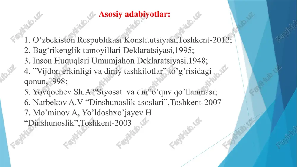 t qiladigan mintaqa va davlatlar milliy taraqqiyotini belgilaydi, shu joydagi tinchlik va barqarorlikning kafolati bo’lib xizmat qiladi. dunyodagi barcha davlatlar aholisi milliy tarkibiga ko’ra 2 guruhga bo’linadi. birinchisi monoetnik (aholisi asosan bir millat vakillaridan iborat) va ikkinchisi polietnik (ko’pmillatli) davlatlardir. hammamizga ma’lumki, o’zbekiston aholisi milliy tarkibiga ko’ra ikkinchi guruhga, aholisi ko’p millatli davlatlar qatoriga kiradi. hozir o’zbekistonda 136 ta millat va elatlarning vakillari yashaydi. respublikamiz aholisining 80 foizini o’zbeklar tashkil qiladi. har bir millatning umumiy manfaatlari bilan birga o’z qadriyatlari ham bor. o’zbekiston kabi ko’p millatli mamlakatda turli millatlar manfaatlarini uyg’unlashtirish, ular orasida totuvlikni ta’minlash taraqqiyotning hal qiluvchi omillaridan biri hisoblanadi. shuning uchun ham mamlakatimizda bu masalaga mustaqillikning birinchi kunlaridan boshlab katta e’tibor berib kelinmoqda. 4. o‘zbekistonda milliy-diniy bag’rikenglik va dunyoviylik so'nggi yillarda millatlararo munosabatlar va din sohasida 50 dan ortiq qonun hujjatlari va 40 ga yaqin qarorlar qabul qilindi. bu huquqiy hujjatlarning aksariyati fuqarolarning dini va millatidan qat'i nazar, …