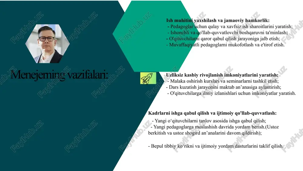 olish nafaqat o‘qituvchilarning kasbdagi uzoq umr ko‘rishini ta'minlabgina qolmay, balki ta'lim sohasini yanada mukammallik va innovatsiyalar sari undaydi. a.maslouninmxulosa: 3- abraham maslouning ehtiyojlar piramidasig ehtiyojlar piramidasi 12 men qo‘shimcha boshqa ishlarga qiziqaman, o‘z ishim yoqmaydi mening muammolarim ko‘p, doimo boshqa ish qidiraman faqat pul uchun ishlayapman, imkoni bo‘lsa boshqa joyga ketaman ish vaqti tugashini kutib ishlayman o‘zini anglash hurmat ijtimoiy xavfsizlik fiziologik boshqalar uchun nima qila olaman?, boshqalarni ilhomlantiraman menga shu yerda ishlash yoqadi, mening ambitsiyam bor ishxonaning muhim qismiman, mening ishim men uchun muhim men muvafaqqiyat qozondim, o‘zim uchun muhim bo‘lgan ish bilan bandman ishxonamning ajralmas qismiman, ishimdan faxrlanaman bundan yaxshi ish joyi bo‘lsa ketaman, bu yerda karyeram ko‘tarilmaydi maktabda kadrlar qo‘nimsizligini bartaraf etish bo‘yicha takliflar: 1 jamoada o‘zaro ishonch, ochiqlik va akademik erkinlik madaniyatini rivojlantirish hamda qarorlar qabul qilishda o‘qituvchining ovozi va fikrlari muhimigini ta’minlash. 2 o‘zbekistonda shaxsiylashtirilgan va tabaqalashgan dastur asosida o‘qituvchilarning uzluksiz kasbiy rivojlanishdagi (cpd) tizimini …