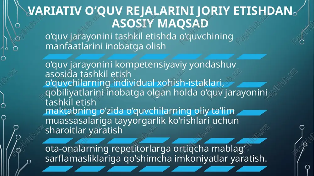 inbosari va fan metodbirlashma rahbarlari tomonidan tanlov sinfi yo‘nalishi, tanlov fanlari, dars soati, o‘quvchilar ro‘yxati, sinf rahbari va mazkur fanlardan dars beruvchi o‘qituvchilar to‘g‘risida ma’lumot tayyorlanadi. ushbu ma’lumot maktab pedagogika kengashida muhokama qilinib, kengashda tanlov sinfi yo‘nalishi, tanlov fani o‘qituvchilari, ularning dars soati, sinf rahbarini belgilash, o‘quvchilar ro‘yxatini tasdiqlash bo‘yicha tegishli qaror qabul qilinadi. ushbu pedagogika kengashi qarori asosida maktab direktorining buyrug‘i chiqariladi. maktabda variativ sinflarni yoʻnalishlarni aniqlagandan soʻng tanlov fanlari uchun moddiy texnikaviy bazaning yetishmasligi yoki malakali mutaxassislarning mavjud emasligi o‘quvchilar bir necha yil bir sinfda birga o‘qib, bir-biriga o‘rganib qolishi natijasida, bir-biridan ajralmaslik maqsadida so‘rovnomalarda noto‘g‘ri ma’lumotlarni kiritish sababli maktabda sinf soni bir nafardan bo‘lganligi sababli barcha o‘quvchilarni tanlov sinfida o‘qishi shu sinfda sifat samaradorlikka erisha olmaslikka sabab bo‘lishi mumkin ushbu muammoni moddiy texnika vositalarini byudjetdan tashqari topilgan mablag‘lar hamda sobiq bitiruvchlar va homiylik mablag‘lari hisobiga bartaraf qilish mumkin. mening taxminiy xisoblarimda xar bir maktabda byudjetdan tashqari (ta’lim …