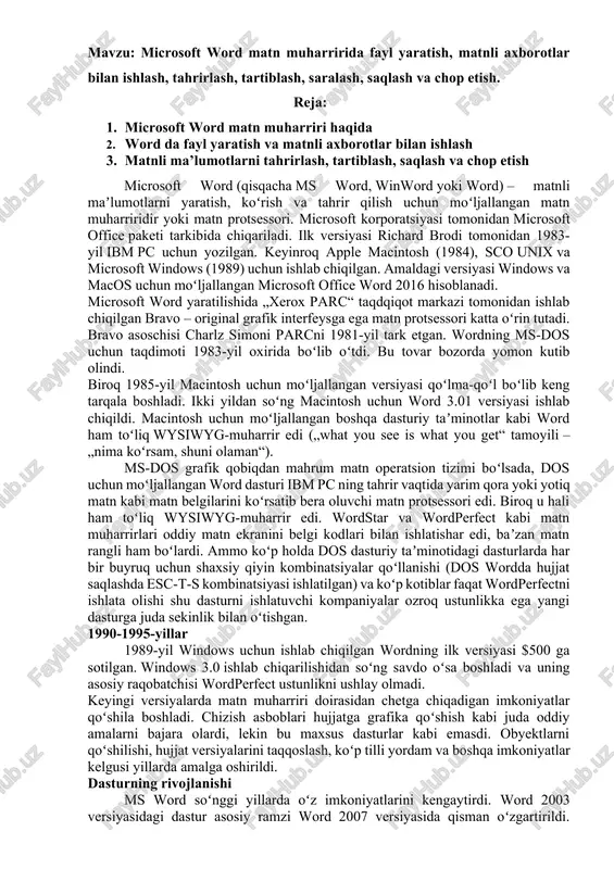 alar qoʻllanishi (dos wordda hujjat saqlashda esc-t-s kombinatsiyasi ishlatilgan) va koʻp kotiblar faqat wordperfectni ishlata olishi shu dasturni ishlatuvchi kompaniyalar ozroq ustunlikka ega yangi dasturga juda sekinlik bilan oʻtishgan. 1990-1995-yillar 1989-yil windows uchun ishlab chiqilgan wordning ilk versiyasi $500 ga sotilgan. windows 3.0 ishlab chiqarilishidan soʻng savdo oʻsa boshladi va uning asosiy raqobatchisi wordperfect ustunlikni ushlay olmadi. keyingi versiyalarda matn muharriri doirasidan chetga chiqadigan imkoniyatlar qoʻshila boshladi. chizish asboblari hujjatga grafika qoʻshish kabi juda oddiy amalarni bajara olardi, lekin bu maxsus dasturlar kabi emasdi. obyektlarni qoʻshilishi, hujjat versiyalarini taqqoslash, koʻp tilli yordam va boshqa imkoniyatlar kelgusi yillarda amalga oshirildi. dasturning rivojlanishi ms word soʻnggi yillarda oʻz imkoniyatlarini kengaytirdi. word 2003 versiyasidagi dastur asosiy ramzi word 2007 versiyasida qisman oʻzgartirildi. planshet, smartfon va boshqa qurilmalar uchun dastur sinxronlashtirildi. dastur tarkibiga yangi shriftlar, turli format usullari, har bir obyekt uchun alohida sozlamalar qoʻshildi, dasturning internet orqali yangilanishi va qayta aloqa qilish tizimi …