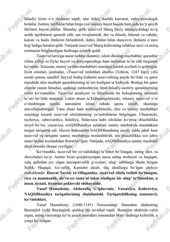 r odamning qarami bo‘lmasligi kerak. so‘fiynnng ozodligi deganda, tasavvuf ahli solikning bashariy sifatlardan mutlaq qutulishi va ilohiy faqr sifati bo‘lmish pok ruh ko‘rinishida istig‘no olami — tangri taolo olamining zaruratlari bepoyonligini kullan idrok etishini anglaganlar. so‘fiy yana «sirri sof, aqli etuk, muhabbat ahliga dil bog‘lagan» (koshifiy) bo‘lishi, nafasidan bedardlar qalbi bedor bo‘lmog‘i kerak. so‘fiylar ruhoniyat bilan suhbat quradigan, kayhonu falak asroridan mujda keltiradigan, faqrni ixtiyoriy ravishda bo‘yinga olib, tabiiy axloqni tark eta borib, ilohiy axloqni kasb etuvchi, ezgulik yo‘lida jonini fido qiluvchidirlar, ular borliq va yo‘qlik, zamon va makondan xorij, azalu abadni birlashtirgan mukarram zotdirlar. ana shunday, davrlarning almashinishi, shohlarning o‘zgarishi, siyosatu rayosat darvesh so‘fiyning e’tiqodiga, xulqiga ta’sir qilmasligi kerak, so‘fiy mayda manfaatlar, odamlarning kundalik tashvishlarigina emas, umuman foniy dunyoning g‘amu muammolaridan ustun turadigan, tafakkurining sathi falaklar qadar qamrovli, qalbida ma’nolar bulog‘i qaynab turgan komil inson hisoblangan. bunday karomatli insonlarni xalq aziz-avliyo, qudsiy nafasli kishilar sifatida alohida e’zozlagan. bu zotlar …