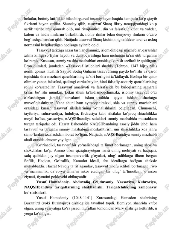 odamning qarami bo‘lmasligi kerak. so‘fiynnng ozodligi deganda, tasavvuf ahli solikning bashariy sifatlardan mutlaq qutulishi va ilohiy faqr sifati bo‘lmish pok ruh ko‘rinishida istig‘no olami — tangri taolo olamining zaruratlari bepoyonligini kullan idrok etishini anglaganlar. so‘fiy yana «sirri sof, aqli etuk, muhabbat ahliga dil bog‘lagan» (koshifiy) bo‘lishi, nafasidan bedardlar qalbi bedor bo‘lmog‘i kerak. so‘fiylar ruhoniyat bilan suhbat quradigan, kayhonu falak asroridan mujda keltiradigan, faqrni ixtiyoriy ravishda bo‘yinga olib, tabiiy axloqni tark eta borib, ilohiy axloqni kasb etuvchi, ezgulik yo‘lida jonini fido qiluvchidirlar, ular borliq va yo‘qlik, zamon va makondan xorij, azalu abadni birlashtirgan mukarram zotdirlar. ana shunday, davrlarning almashinishi, shohlarning o‘zgarishi, siyosatu rayosat darvesh so‘fiyning e’tiqodiga, xulqiga ta’sir qilmasligi kerak, so‘fiy mayda manfaatlar, odamlarning kundalik tashvishlarigina emas, umuman foniy dunyoning g‘amu muammolaridan ustun turadigan, tafakkurining sathi falaklar qadar qamrovli, qalbida ma’nolar bulog‘i qaynab turgan komil inson hisoblangan. bunday karomatli insonlarni xalq aziz-avliyo, qudsiy nafasli kishilar sifatida alohida e’zozlagan. bu zotlar atrofdagilar …