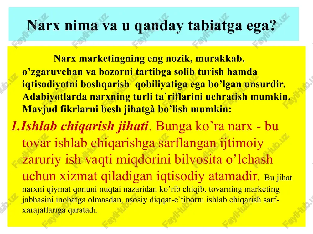 omida o`zgarishi bilan xarakterlanadi. bu narxlar qishloq xo`jaligi mahsulotlarini sotishda qo`llaniladi. 4. bir marta o`rnatiladigan narxlar. bir martalik buyurtma bo`yicha ishlab chiqariladigan mahsulotga o`rnatiladi. 5. uzoq muddatga mo`ljallangan narx. bu ommaviy talabga ega bo`lgan tovarlarga o`rnatilgan narxdir. 6. pog`onali narxlar oldindan qabul qilingan shkala bo`yicha mahsulot narxining birin-ketin pasayishini ifoda etadi. ii. bozor kon`yunkturasiga bog`liq holda quyidagi narxlar farqlanadi: (qizil bilan belgilangan gaplarni yozib olinglar!) 1. bozor narxi - mazkur bozorda oldi-sotdi qilish orqali vujudga keladigan narx. 2. taklif narxi - bu sotuvchi tomonidan so`raladigan ma`qul narx. 3. talab narxi - xaridor tomonidan tovarni sotishga tayyor bo`lib turadigan narx. 4. bozorning iste`mol segmenti narxi - turli guruh iste`molchilariga bir xil tovarlar sotiladigan narx. 5. elastik narx - bozorda talab va taklifning o`zgarishiga ta`sirchan narx. 6. sirpanuvchi, tushuvchi narx - bu narxlar talab va taklif nisbatiga bog`liq holda belgilanadi va bozorning to`yinishi bilan asta-sekin pasayadi. 7. imtiyozli narx. bunda bozorda ustun …