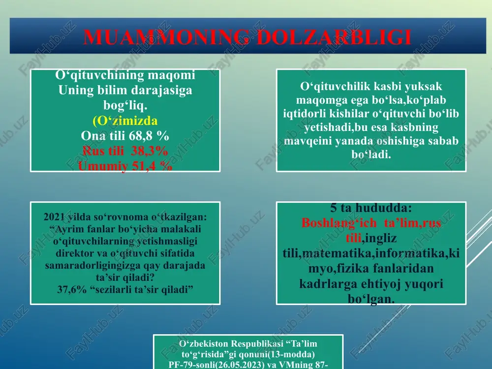 shini ,psixologik tayyorgarligini baholamaydi. “o‘qituvchi shaxsining psixologik qiyofasini o‘rganish” testini o‘tkizish (50 ta savoldan iborat) “o‘qituvchi haqida o‘quvchilar fikri” so‘rovnomasini o‘tkizish (6 ta savol jadval ko‘rinishida) respublika tashxis markazining “o‘qituvchilarda kasbiy stress va emotsional so‘nish holatlari profilaktikasi” dasturidan foydalanish maktab direktori va psixologlari 2024-2025 o‘quv yili davomida o‘qituvchi kasbi maqomining oshirishga xizmat qiladi,ota-onalar va boshqalarning pedagog kasbi jozibadorligini his qilishlariga turtki bo‘ladi. 8-sinfni bitirayotgan o‘quvchilar orasidan maktab psixologlari tomonidan xorijiy tajribalar asosida ijtimoiy so‘rovnomalar o‘tkizib,padagogik qobiliyati yuqori o‘quvchilarni ajratib olish va ularni kelajakda o‘qituvchilik kasbini egallashlariga yordam berish. boshlang‘ich ta’lim o‘qituvchilarini ishga qabul qilishda kasbiy sertifikatlash tizimidan tashqari qo‘shimcha malaka oshirish kurslarini joriy etish.(amalda boshlang‘ichlar 3-sinf yangi avlod darsliklari orqali o‘qitishda qiynalishdi) o’qituvchilarni ishga qabul qilishda axloqiy fazilatlarini va psixologik tayyorgarligini baholash metodikasini ishlab chiqish hamda “kompyuter savodxonligi” bo’yicha sertifikat olish tartibini joriy qilish. taklif e’tiboringiz uchun rahmat ! image1.jpeg image2.png image3.jpeg image4.jpeg image5.jpeg image6.gif image7.gif image8.png image9.png image10.png image11.png …