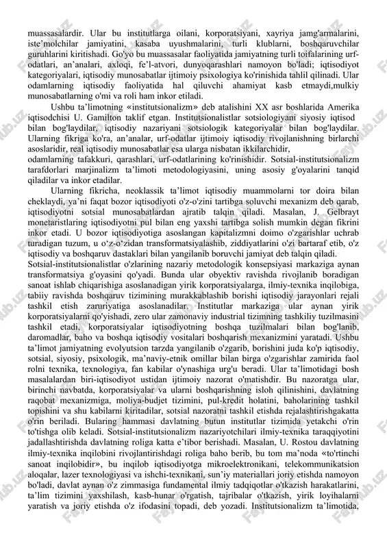ralizm» - erkinlik, erkin faoliyat ma’nolarida qo'llaniladi, u o'z nomiga monand erkin iqtisodiy faoliyatga keng yo'l berish, iqtisodiyotda bozorning boshqaruvchilik roliga yo'l qo'yib iqtisodiy muvozanatga erishishni maqsad qilib qo'yadi. bu nazariya ilmiy jihatdan keynschilikka muholifat, monetarizmga monandroq, yaqinroq turadi.liberalizm ta’limoti uning yirik vakili f. xayek asarlarida rivojlantirildi.u o'z tadqiqotlarini iqtisodiyot muammolari bilan birga falsafiy, tarixiy,huquqiy, psixologik masalalari doirasida olib bordi. u o'z e’tiborini iqtisodiyot sohasida pul muomalasi, iqtisodiy sikl, ishsizlik, davlatning iqtisodiyotdagi kabi masalalarga qaratdi. u faqat bozor mexanizmigina iqtisodiy rivojlanish va barqarorlikni ta’minlaydi, davlatning iqtisodiyotga aralashuvi faqat qisqa muddatlardagina iqtisodiy o'sishga olib kelishi mumkin, uzoq keiajak uchun u faqat inflyatsiya va ishsizlikka giriftor qiladi, degan fikrda qat’iy turdi. f. xayek o'zining «qullikka yo'l» asarida sotsializmga, undagi rejali iqtisodiy boshqaruvga qattiq qarshi chiqdi va ta’kidlaydiki, agar jamiyat utopik sotsializm g'oyalariga ergashar ekan oqibatda u «qullikka yo'l oladi». faqat hozirgi zamon bozor iqtisodigina sivilizatsiyaga olib keladi, iqtisodiy erkinlikni cheklash jamiyatni siyosiy …