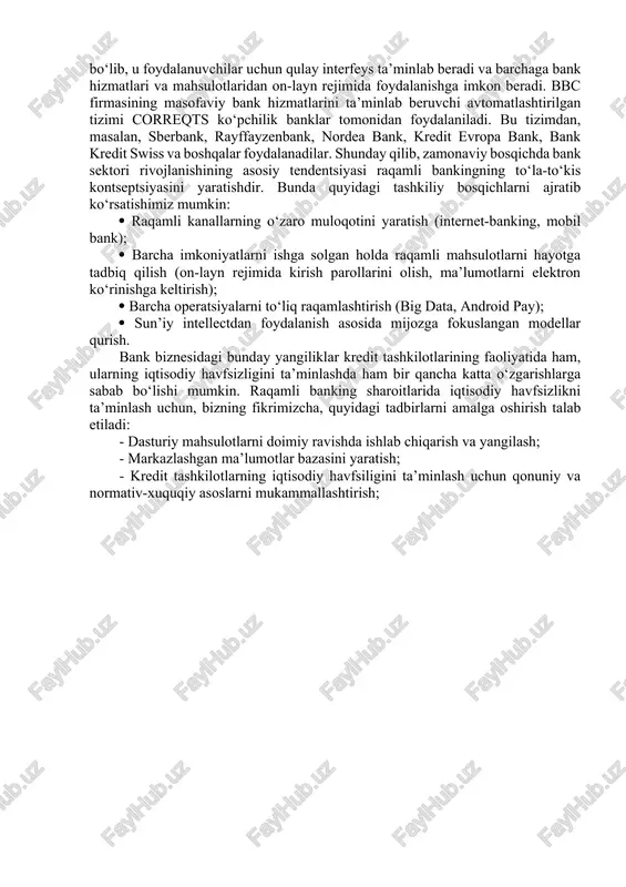 i 1,5 milliard aqsh dollariga yetgan. bunda eng cardinal o‘zgarishlr bank sektorida kuzatilgan. masalan, xitoyda milliy kriptovalyuta tizimi snovdan o‘tkazilayapti, dunyodagi eng katta banklardan biri hsbc holdings plc. pul vositalarining yuvilishining oldini olish jarayonini avtomallashtirish uchun sun’iy intellektni ishlatmoqda, rossiyda esa 2016 yil oxirida jamiyatdagi raqamlashtirsh darajasini aniqlash maqsadida iron lady va 2017 yilda “ivanovning raqamli indeksi” deb nomlangan tizimlar ishga tushirildi. hisobatlarga ko‘ra, sberbankdagi 95% operatsiyalar raqamli kanallar orqali amalga oshirilgan. shunday qilib, rivojlangan va rivojlanayotgan mamlakatlarning iqtisodiyotlari yangi raqamli sharoitlarga moslashtirishga majbur bo‘layaptilar. davos jahon iqtisodiy forumining asoschisi va prezidenti klaus martin shvab jamiyatning bunday transformatsiyasini “to‘rtinchi sanoat inqilobi” yoki “industriya 4.0” deb atadi. mutaxassislarning fikrlaricha , yaqin o‘n yillarda information texnologiyalar inson hayotini, biznesni va global iqtisodiyotni tubdan o‘zgartirib yuboradi. katta yigirmalikdagi mamlakatlar ichida raqamli sektorning ymd dagi qiymati eng katta mamlakat buyuk britaniya hisoblanadi. boston consulting group analitiklarining hisoblashlariga ko‘ra, raqamli iqtisodiyot bo‘yicha boshqa rivojlanayotgan davlatlar …