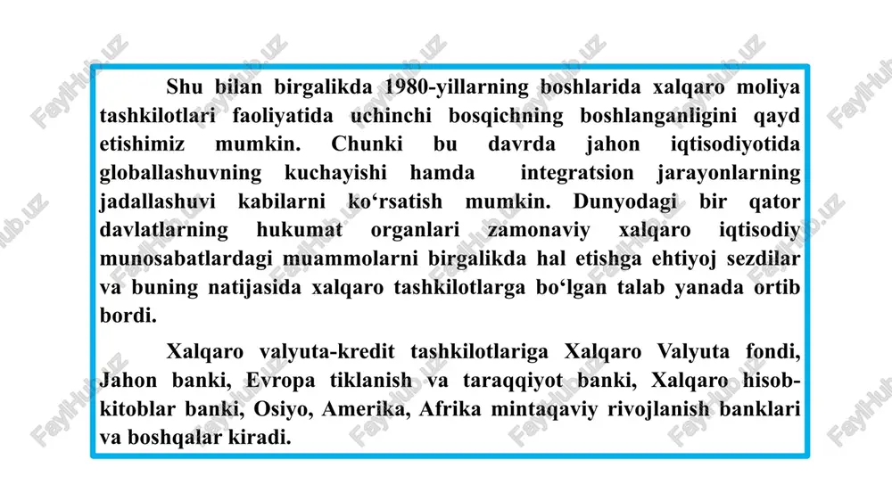 blanadi: jahon valyuta tizimini nazorat qilish; pul siyosatidagi xalqaro xamkorlikga yordam berish; jahon savdosini kengaytirish; xvf a’zolarini kreditlash; valyuta ayirboshlash kurslarini barqarorlashtirish; debitor mamlakatlarga maslahatlar berish; sdr chiqarish orqali likvid mablag‘larni yaratish; iqtisodiy siyosat va texnik yordam sohasida tavsiyalar ishlab chiqish. xalqaro moliya statistikasi standartlarini ishlab chiqish; xalqaro moliya statistikasi to‘plamlarini e’lon qilish. 16 ifi xvf kelishuv moddalariga muvofiq fondning vazifalari qatoriga xalqaro valyuta tizimini nazorat qilish va uning samarali faoliyat ko‘rsatishini ta’minlash kiradi. xvf jahon valyuta tizimi ustidan, jumladan, a’zo-mamlakatlarning valyuta kursi sohasidagi siyosati ustidan nazoratni amalga oshiradi. xvf nazorat funktsiyasini amalga oshirish bilan birgalikda mamlakatlarning umumiy iqtisodiy holati va uning iqtisodiy siyosat sohasidagi strategiyasi bo‘yicha atroflicha tahlil o‘tkazadi. xvf nuqtai nazariga ko‘ra mamlakatning samarali va izchil iqtisodiy siyosati milliy valyuta ayirboshlash kurslarini va jahon valyuta tizimini barqarorlashtirishga, jahon xo‘jaligida iqtisodiy o‘sishni ta’minlashga imkon yaratadi. 17 ifi xvf ishtirokchi mamlakatlar o‘rtasida sdrni ularning kvotalariga proportsional miqdorda taqsimlaydi. sdrning jahon …