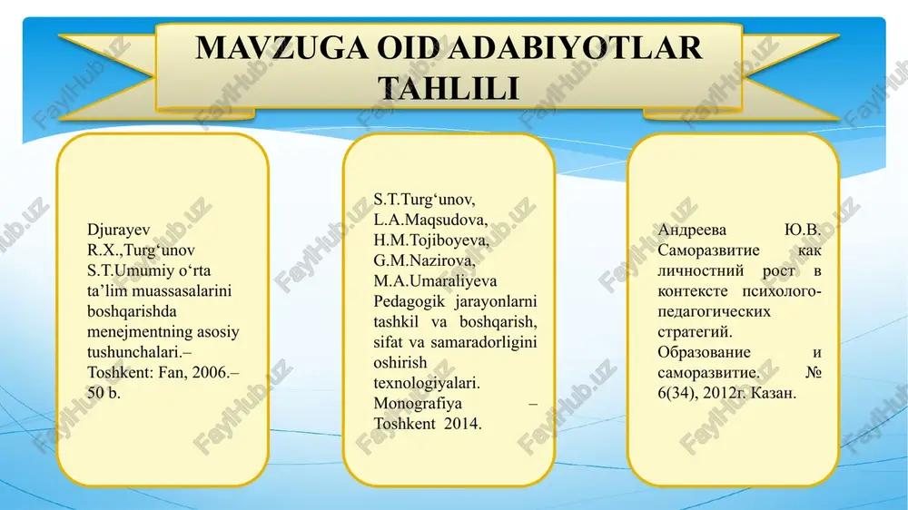 oshirish qobiliyatini rahbarda yetishmasligi 1.boshqaruv jarayoninida usul texnologiyalarni o`zgartirish maktab direktori har yarim yillikda yangi usullar joriy etish rahbarning muntazam malakasini oshirishiga sabab bo`ladi 2.jamoaga tegishli masalalarni muhokama qilishda o‘z fikrini erkin ifoda etish ko`nikmalarini oshirish maktab direktori, direktor o`rinbosarlari, mb rahbarlari doimiy jamoaga tegishli masalalarni muhokama qilishda o‘z fikrini erkin ifoda etish ko‘rilayotgan masalaga har bir o‘qituvchini diqqat bilan e`tibor qaratishlariga olib keladi t/r muammo muammoning yechimini amalga oshirish mexanizmi mas’ullar muddati natija 2 pedagogik jamoada sog‘lom muhitni shakllantirishda maktab direktori tomonidan ijobiy natija beradigan loyihalarni bosqichma-bosqich boshqaruv jarayoniga tadbiq etilmaganligi 1.“eshidmadim- ko‘rmadim” loyihasi maktab direktori, direktor o`rinbosarlari, mb rahbarlari sentyabr oktyabr noyabr pedagogik jamoada jipslik, ishga ma`suliyat va talabchanlik ortadi 2. “siz menda kam emassiz” loyihasi maktab direktori, direktor o`rinbosarlari, mb rahbarlari dekabr yanvar fevral mart 3. “men qaysi a`zoman” loyihasi maktab direktori, direktor o`rinbosarlari, mb rahbarlari aprel may e’tiboringiz uchun rahmat image4.png image5.png image6.png image7.png image8.png image9.png …