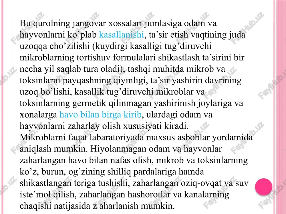 irini o’tkazish, aholi guruhlarining bir-biriga yaqinlashuvni cheklashni ko’zda tutadi. observatsiya hududiga kirish va undan chiqish n muhim sanoat inshoatlarida ishlovchi va ehtiyot emlovlardan o’tkandagina ruxsat etiladi. observatsiya zonasidan chiqishda barcha fuqarolar va shaxsiy tarkib to’liq sanitar ishlovidan o’tkaziladi. kasallanganligi gumon qilingan kishilarning observatsiya hududidan chiqishiga ruxsat etilmaydi. himoya qilish tadbirlari orasida turar joylarni, hovli va umumfoydalanish joylarini doimo ozoda saqlash katta o’rin tutadi. shaxsiy gigiyena talablarini juda yaxshi bajarish zarur, shaxsiy gigiyena talablari jumlasiga har haftada hammomga tushib, ichki kiyimlarni va yostiq jildlari bilan choyshablarni almashtirish, qo’llarini va sochini ozoda tutish kiyim-bosh poyafzal va boshqalarni har kuni tozalab turish va shu kabilar kiradi. o’ta yuqumli kasalliklarning asosiy manbaidan biri – kasal odamning paydo b’lishi atrofidagilar uchun havflidir, yuqumli kasallikning dastlabki alomatlari payqaldi deguncha, eng yaqindagi davolash muassasasiga xabar berish kerak. bunday kasallik alomatlari haroratning birdan ko’tirib ketish bosh og’rig’i, et uvishishi, darmon qurishi, ko’ngil aynishi va boshqalardir. step 1 step …