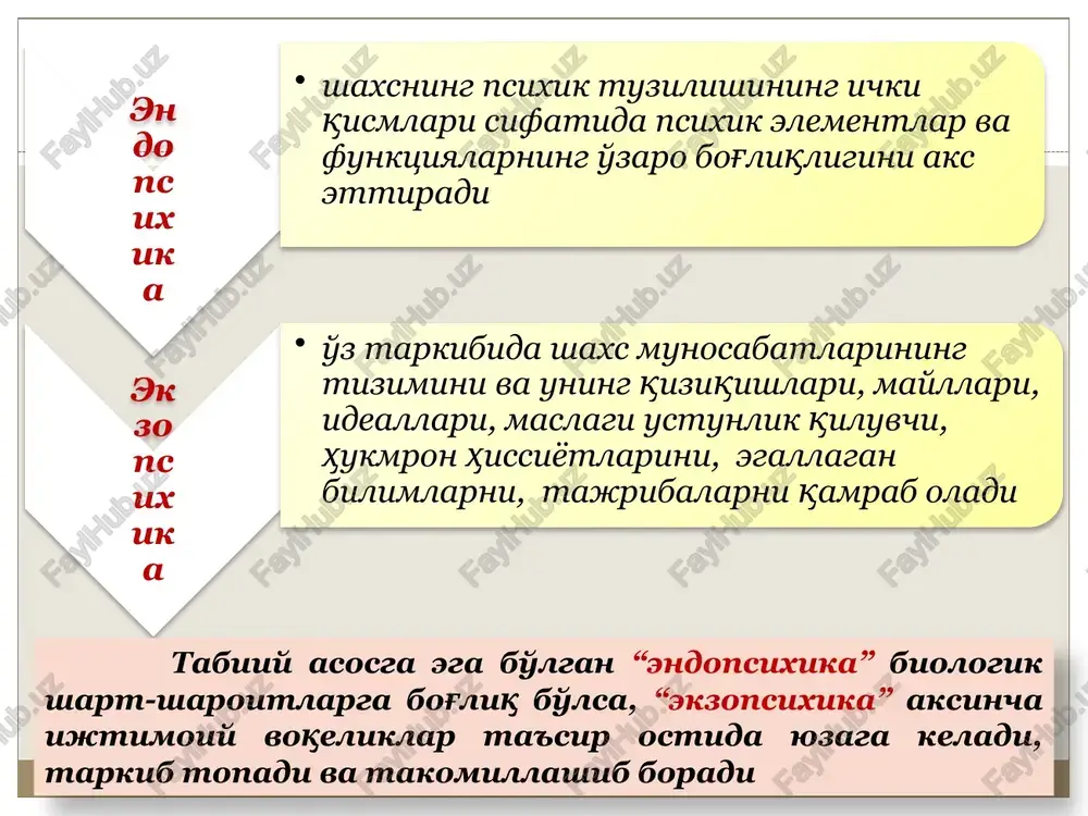n qiluvchi holat tariqasida ifodalaniladi kelib chiqishiga binoan ehtiyojlar tabiiy va madaniy turga ajraladi psixologiya fanida ehtiyojlar o'z predmetining xususiyatiga ko'ra moddiy va ma'naviy turlarga ajratiladi 25 psixologiya fanida ehtiyoj quyidagi tiplarga ajratiladi: individual – yakka shaxsga yo'naltirilgan. guruhiy – real guruhlarga moddiy va ma'naviy intilish. jamoaviy – jipslashgan guruhlar talabi majmuasi. xududiy – etnik guruhning muayyan o'ziga xos talablari qondirilishi. etnik – ma'lum millat yoki xalqlarning safarbarligini ta'minlash. umumbashariy – er yuzi xalqlarining umumiy talablarining majmuaviy aks etishi. 26 qiziqishlarning klassifikatsiyasi va ularning mazmuni quyidagi jadvallarda ifodalanadi. qiziqishning klassifikatsiyasi barqarorligi barqaror beqaror maqsadi kengligi bevosita bavosita tor keng mazmuni ijtimoiy-siyosiy intellektual estetik sport 27 qiziqish bilimlarni ongli, puxta, barqaror, anglagan holda o'zlashtirishda, shaxs qobiliyati, zehni, uquvchanligini rivojlantirishga, olamni mukammalroq tushunishga, bilim saviyasining kengayishiga yordam beradi. shu o'rinda qiziqishlarning tarkibiy qismlar sifatida quyidagilarni keltirib o'tish joiz: shaxsning o'zi uchun qimmatli va yoqimli bo'lgan muayyan narsa va hodisaarga munosabati mazmuni qiziqish …