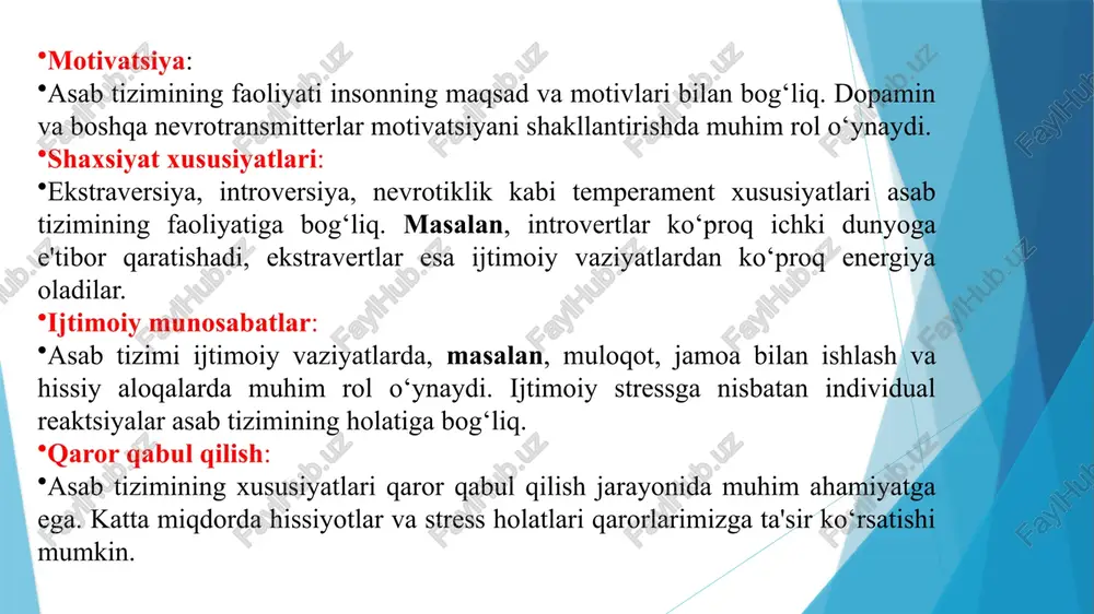 agi individual farqlarni belgilaydi. n.n.obozov metodikasi. temperament formulasi metodikasi. n.n. obozova usuli temperament namoyon bo'lishining 15 ta empirik xarakteristikalaridan foydalangan holda, inson temperamentining turini, shu jumladan uning ishtirokisiz aniqlash imkonini beradi. ko'rsatma. temperament turini aniqlash uchun o'n besh xarakteristik xususiyatning har birining namoyon bo'lish darajasini satr bo'yicha tanlang. aytaylik, sub'ekt uchun "xulq-atvor muvozanati" qatorida "yaxshi muvozanatlangan" qiymati eng mos keladi, "a'lo muvozanatli" qiymati biroz kamroq mos keladi. bunday holda, birinchi qiymat uchun ball qo'yiladi: "2 ball", ikkinchisi uchun: qiymat - "1 ball". ushbu qatordagi qolgan qiymatlar 0 ball bilan baholanadi. xuddi shunday, ko'rsatkichlar boshqa barcha xarakteristik xususiyatlar uchun baholanadi. keyin ustunlar bo'yicha ballar yig'indisi hisoblanadi. eng yuqori ball to'plangan shaxs turi fan uchun asosiy hisoblanadi. temperamentning ma'lum bir xususiyati uchun 42 ball ushbu xususiyatning kontsentratsiyasining juda yuqori darajasini ko'rsatadi. qo'zg'aluvchanlik shkalasi. ushbu shkala bo'yicha yuqori natijalar (42 balldan ortiq) qo'zg'alish jarayonlarining yuqori darajasini ko'rsatadi. bunday odamlar tashqi ogohlantirishlarga kuchli reaktsiyalar, …