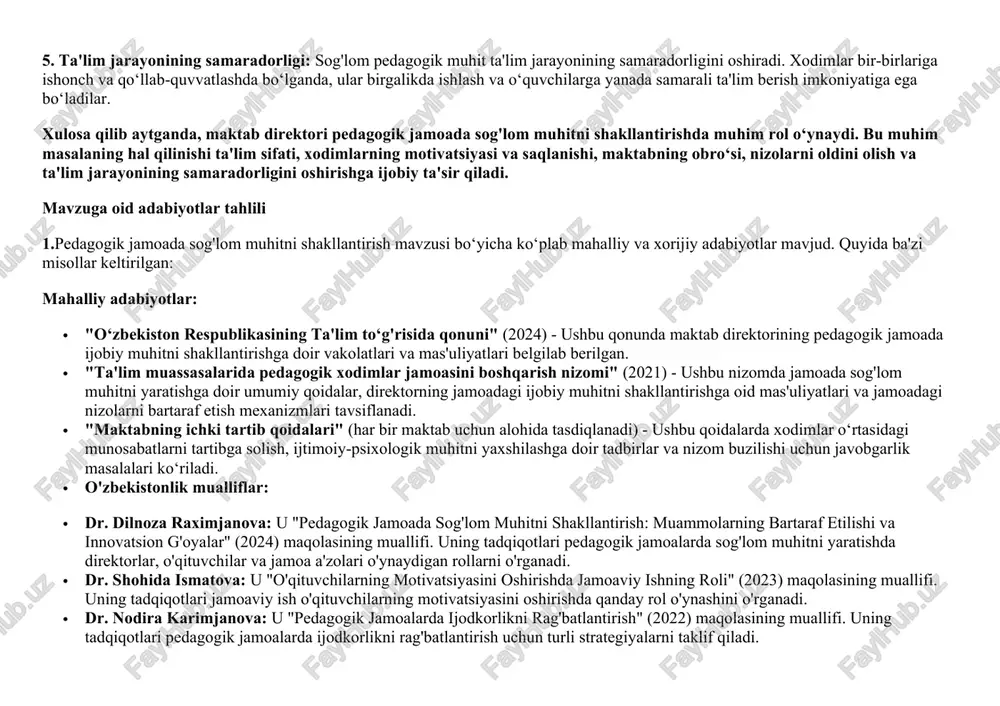 a sog'lom muhitni yaratishda direktorlar, o'qituvchilar va jamoa a'zolari o'ynaydigan rollarni o'rganadi. · dr. shohida ismatova: u "o'qituvchilarning motivatsiyasini oshirishda jamoaviy ishning roli" (2023) maqolasining muallifi. uning tadqiqotlari jamoaviy ish o'qituvchilarning motivatsiyasini oshirishda qanday rol o'ynashini o'rganadi. · dr. nodira karimjanova: u "pedagogik jamoalarda ijodkorlikni rag'batlantirish" (2022) maqolasining muallifi. uning tadqiqotlari pedagogik jamoalarda ijodkorlikni rag'batlantirish uchun turli strategiyalarni taklif qiladi. xorijiy mualliflar: · dr. john hattie: u "visible learning" (2012) kitobining muallifi. uning tadqiqotlari ta'limda samarali yondashuvlarni, shu jumladan pedagogik jamoalarda sog'lom muhitni yaratishning muhimligini ta'kidlaydi. · dr. michael fullan: u "leading for learning" (2017) kitobining muallifi. uning tadqiqotlari maktablarda sog'lom va samarali ta'lim muhitini yaratishda rahbarlikning muhimligini ta'kidlaydi. · dr. heidi h. gardner: u "smart collaboration: the power of collective intelligence" (2016) kitobining muallifi. uning tadqiqotlari jamoaviy ishning ta'limda samaradorlikni oshirishda qanday rol o'ynashini o'rganadi. xorijiy adabiyotlar: · "creating a positive school climate" by john e. keller (2016) - …