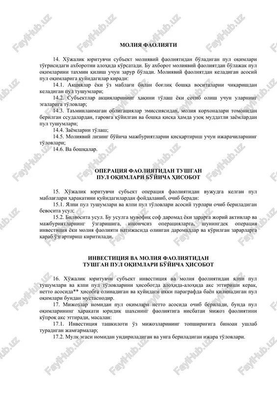 uzoq muddatli aktivlarni sotishdan olingan pul tushumi; 13.3. boshqa sub'ektlarning aktsiyalari yoki qarz majburiyatlarini hamda qo'shma korxonalarda ishtirok etish huquqini sotib olishga doir pul to'lovlari, pul ekvivalentlari hisoblangan yoki dilerlik maqsadlariga yoki savdo maqsadlariga saqlab qo'yilgan to'lov hujjatlari bo'yicha to'lovlar (veksellar kabi hujjatlar bo'yicha to'lovlar)dan tashqari; 13.4. boshqa sub'ektlarning aktsiyalari va qarz majburiyatlarini hamda qo'shma korxonalarda ishtirok etish huquqini sotishdan kelgan pul tushumlari, pul ekvivalenti hisoblangan yoki dilerlik yoki savdo maqsadlari uchun saqlanayotgan veksel kabi to'lov hujjatlari bo'yicha tushumlar bunga kirmaydi. 13.5. boshqa taraflarga berilgan bo'naklar va kreditlar (moliyaviy muassasalarga berilgan bo'naklar va kreditlardan tashqari); 13.6. boshqa taraflarga berilgan bo'naklar va ssudalar qaytarilishidan pul tushumlari (moliyaviy muassasalarga berilgan bo'naklar va kreditlardan tashqari); 13.7. fyuchers va forvard bitimlari, optsion bitimlar va svop bitimlar bo'yicha to'lovlar, ular diler yoki savdo maqsadlari uchun mo'ljallangan holatlar bundan mustasno bo'ladi yoki to'lovlar moliyaviy faoliyat sifatida tasnif etiladi. 13.8. fyuchers va forvard bitimlari, optsion bitimlar va …