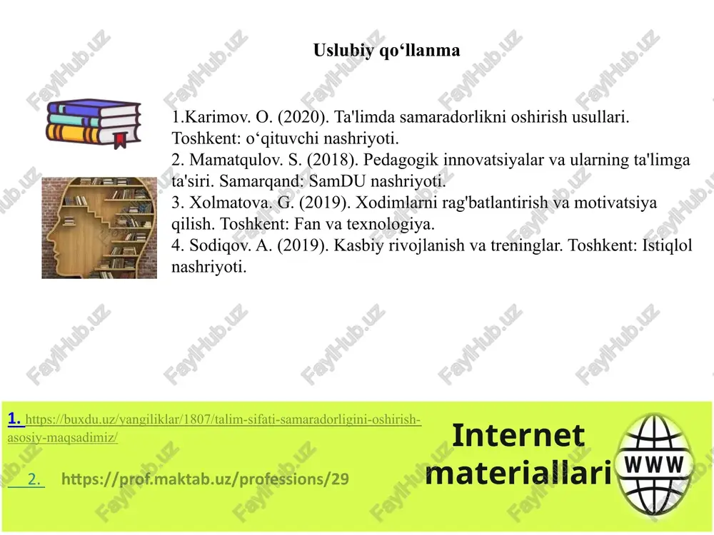 imiz xamda qadryatlarimizni aks ettiruvchi kuurslarini joriy qilish a) xududiy pkmoqti bilan xamkorlikda instituti bilan xamkorlikni yo‘lga qo‘yish: b) xududlardagi tarixiy va madaniy obidalar, qadamjolarga sayoxatlar tashkil etish. direktor, o‘ibdo‘, mmibdo‘, kasaba uyushmasi raisi yil davomida birinchidan, xodimlarni o‘zligini va milliylikni anglashlari ; ikkinchidan, o‘zidagi milliylik va vatanparvarlik tuyg'ularini ma’naviyat daqiqalarida singdirib borishi; mavzu yuzasidan chora-tadbir rejasi 3 maktablardagi bilim va tajribasi yuqori bo‘lgan pedagog xodimlar darslariga muntazam ravishta yosh, tajribasiz xodimlarni jalb qilish xamda ulardan olgan metod va uslublarini o‘zinig darsida qo‘llashini bilimli, tajribali va malakali maxoratli xodimlar tomonidan nazorat qilish xamda yordam berish tizimini joriy qilish. malakali, uzoq yillik tajribaga ega, yuqori toifali xodimlar mobil guruxini shakllantirish b) zaruriy shart- sharoitlarni yaratish; c) yosh va tajribasiz xodimlarni ish samaradorligini oshirish uchun maktabda tashkil etilgan yuqori tajribali xodimlar tomonidan o‘rgangan bilim,ko‘nikma va malakalarini amalda qo‘llashlarini nazorat qilish va yordam berish mobil guruxlarini tashkil etish: direktor, o‘ibdo‘, metod birlashma raxbarlari …