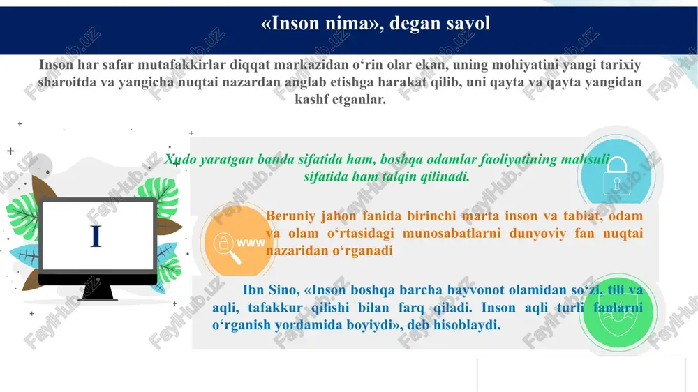 oxt, moleshott kabi faylasuflar ongga «vulgar materializm» nuqtai nazaridan yondashadi. gegel individual ongga butun rivojlanish negizi sanalgan mutlaq g‘oyaning pirovard shakllaridan biri sifatida yondashdi. tabiatshunoslikning rivojlanishi, ayniqsa neyrofiziologiya, biologiya, eksperimental psixologiya sohasida qo‘lga kiritilgan yutuqlar. 01 02 03 04 6 ongsizlik. ruhiyat – ongga qaraganda murakkabroq tuzilma bo‘lib, u aks ettirishning ikki sohasi – ong va ongsizlikni o‘z ichiga oladi. ongsizlik sohasi – bu aqldan tashqaridagi ruhiy hodisalar, holatlar va harakatlar majmui, deb hisoblashgan har xil tushlar, gallyusinatsiyalar, xayoldan ketmaydigan g‘oyalar, intuitsiya va shu kabilar ongsizlikning namoyon bo‘lish shakllariga misol bo‘lishi mumkin. ongsizlik ongning muayyan lahzada ong bilan boshqarishga qodir bo‘lmagan parchasi, deyish mumkin. 01 02 04 03 3. ongsizlik va ong, ong osti intuitsiya – bu olish yo‘llari va shartlarini anglamasdan, bevosita hissiy kuzatish yoki mushohada yuritish yo‘li bilan olinadigan bilim. avtomatizmlar – bu avval ong nazorati ostida paydo bo‘lib, uzoq mashq qilish va ko‘p karra takrorlash natijasida ongsiz …